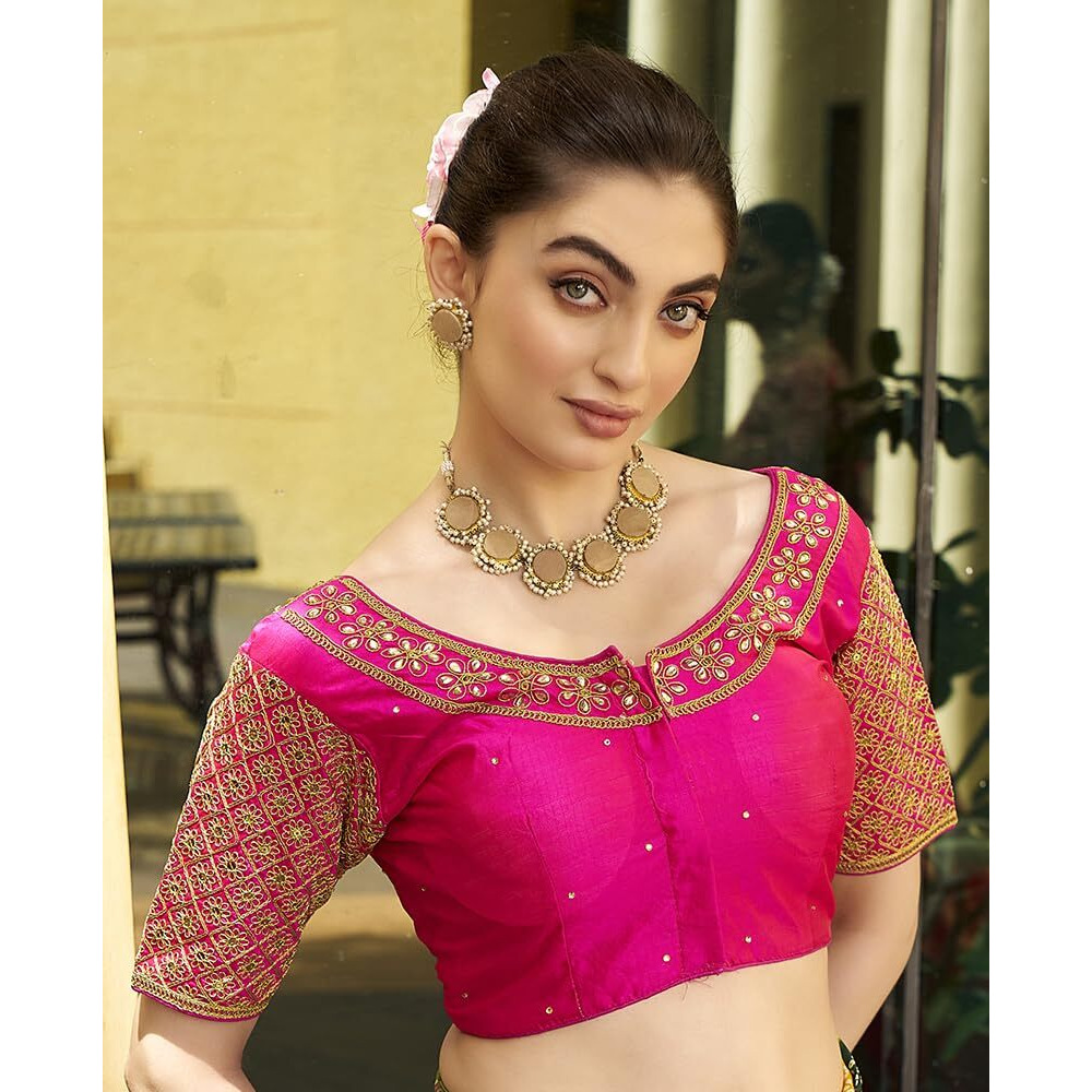 Pujia Mills Women's Embroidery Handwork Sequence Work Necklace Design Readymade Blouse (Dark Pink, 36)