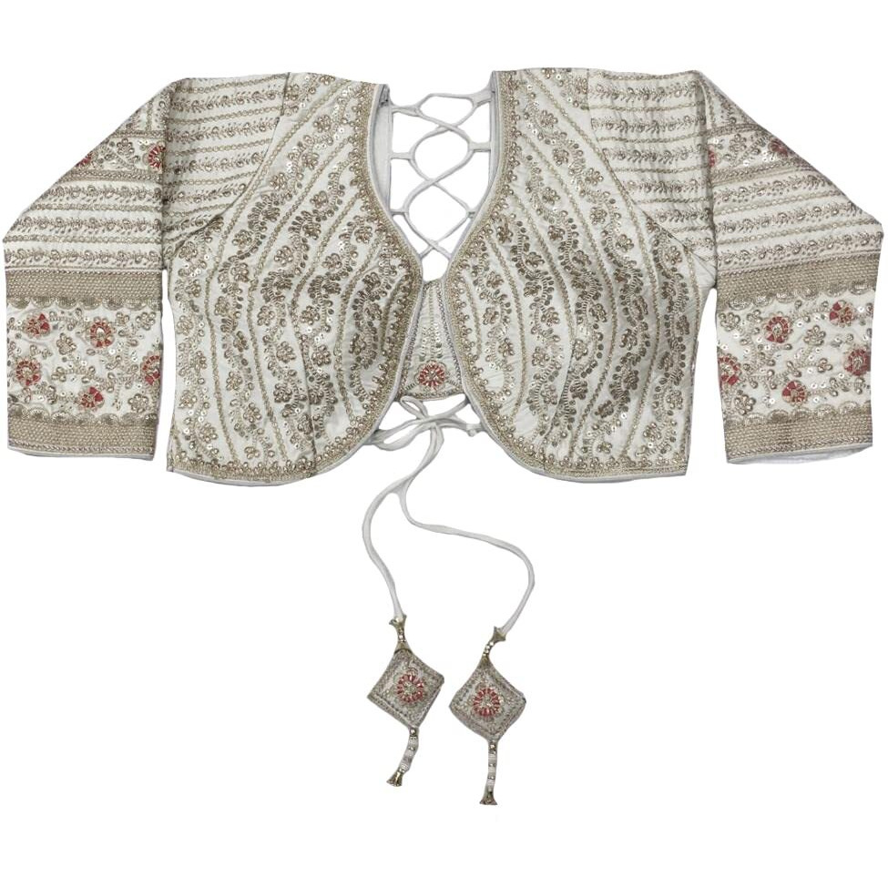 Pujia Mills Women's Heavy Embroidery Coding With Sequins Work 3/4Th Sleeves Fancy Readymade Saree Blouse(Missy White_38)