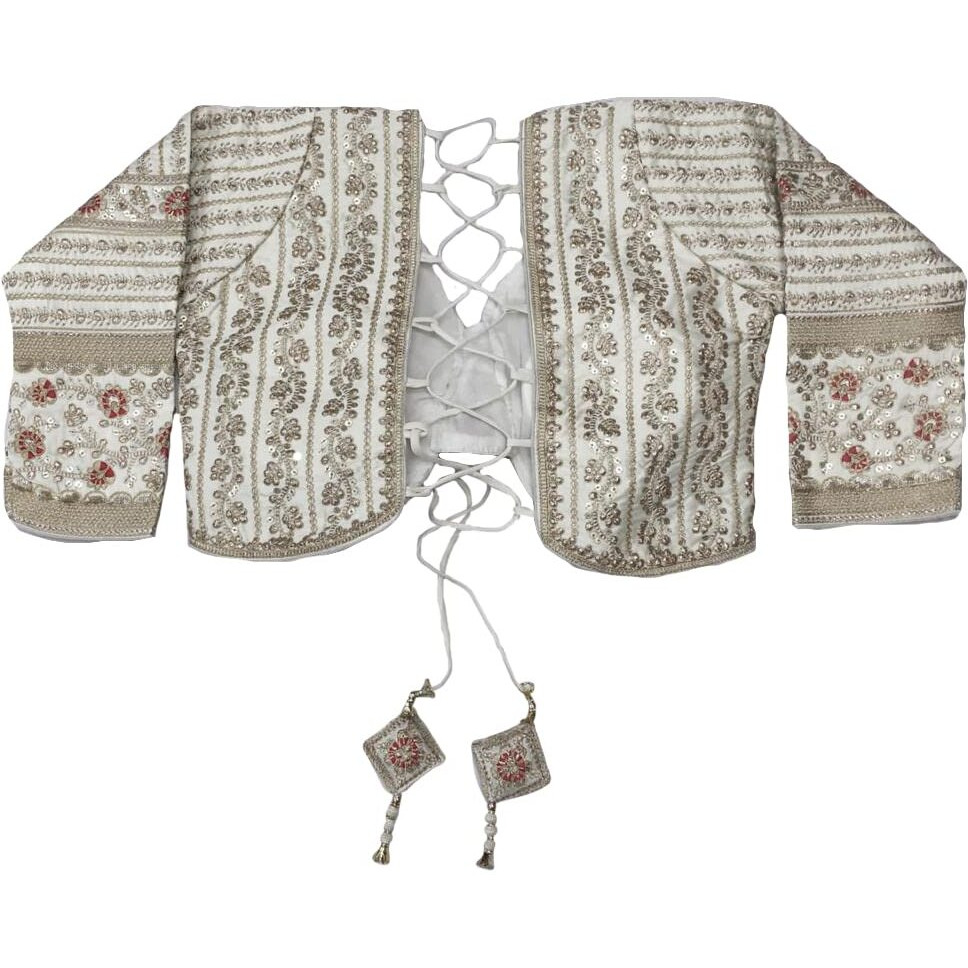 Pujia Mills Women's Heavy Embroidery Coding With Sequins Work 3/4Th Sleeves Fancy Readymade Saree Blouse(Missy White_38)