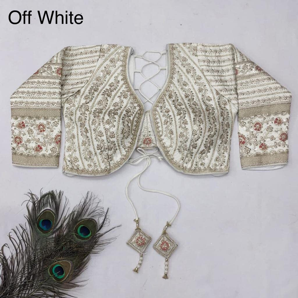 Pujia Mills Women's Heavy Embroidery Coding With Sequins Work 3/4Th Sleeves Fancy Readymade Saree Blouse(Missy White_38)
