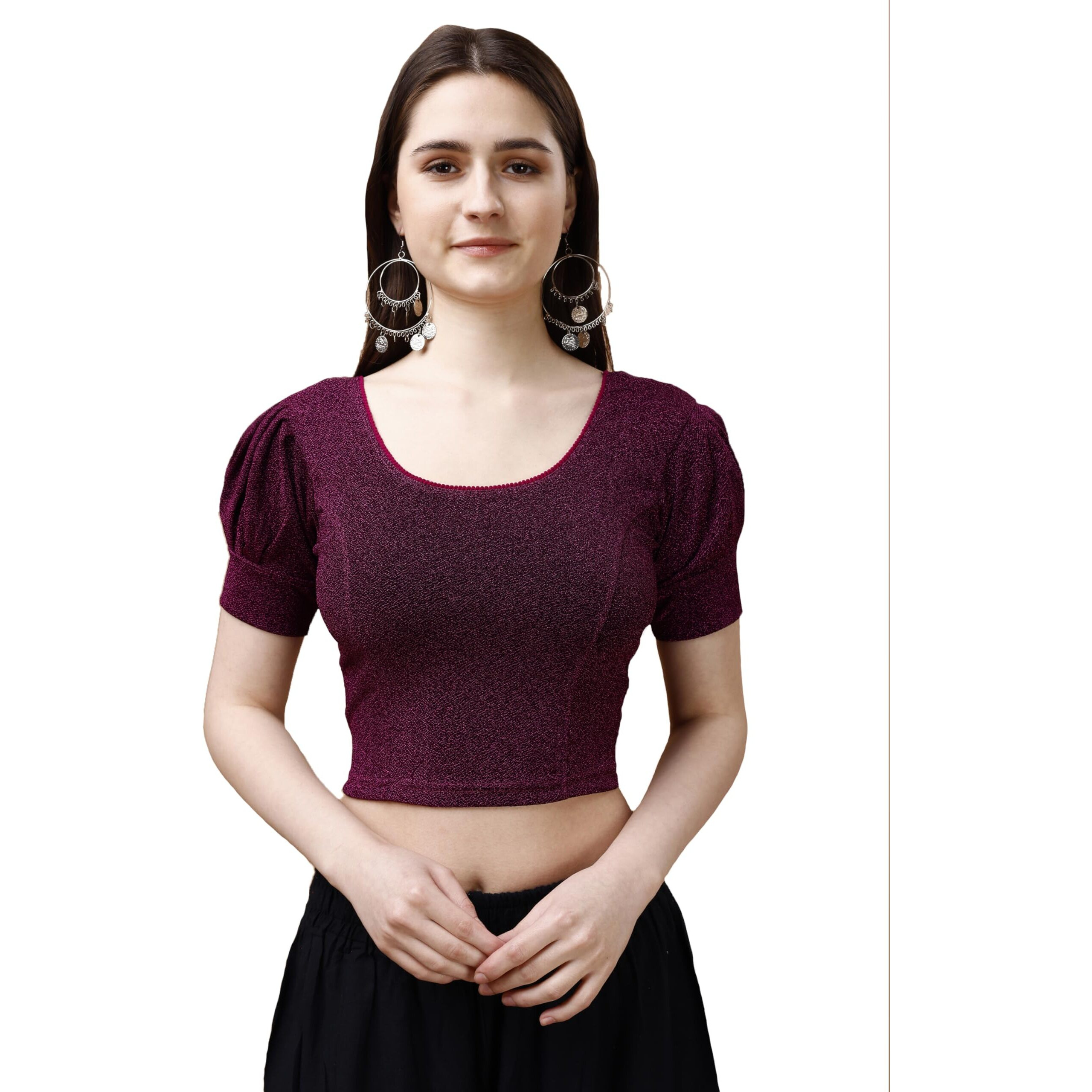 Pujia Mills Women's Readymade Shining Lycra Stretchable Round Neck Half Puff Sleeve Blouses Lycra Stretchable Wine Color Blouse For Women Readymade Saree Blouse