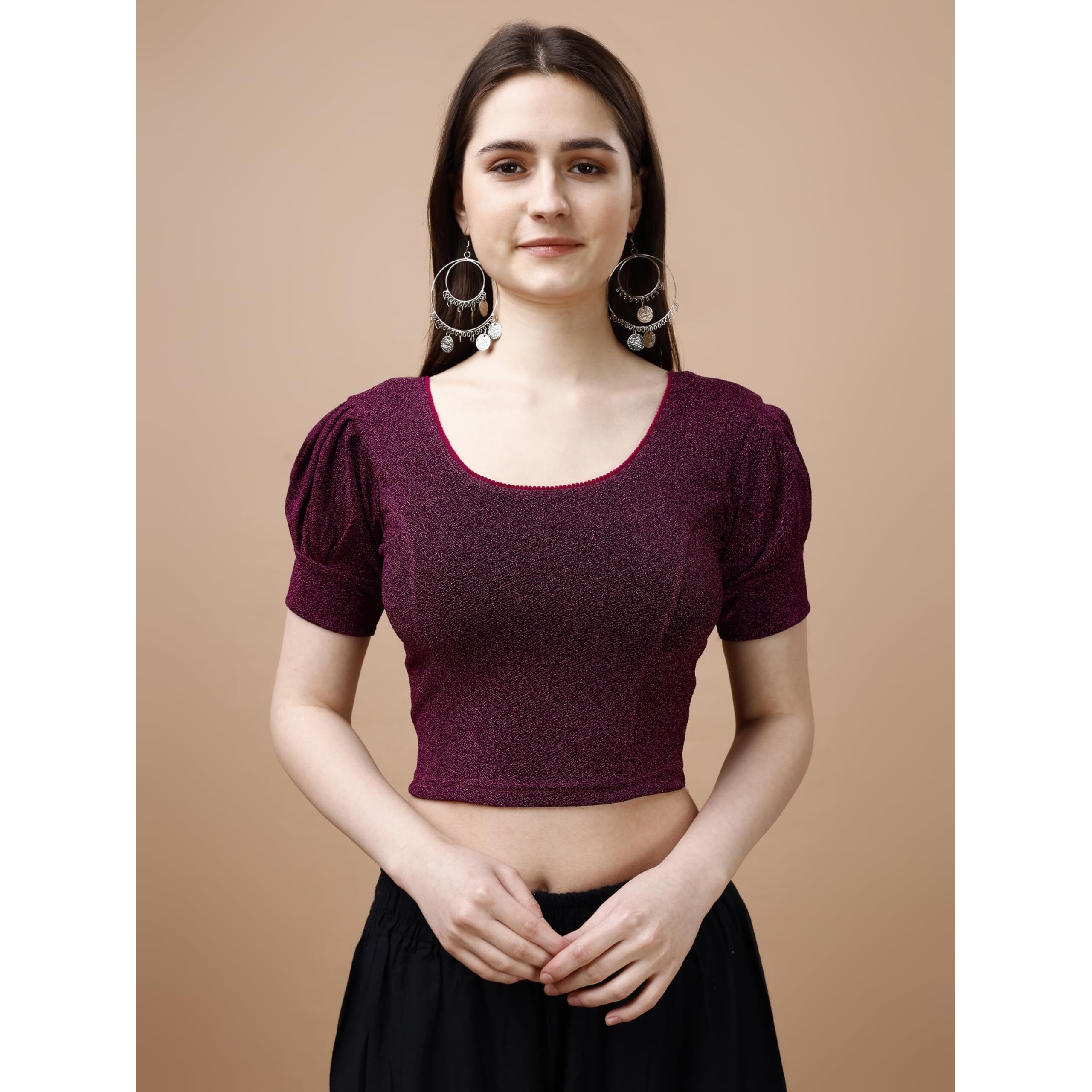 Pujia Mills Women's Readymade Shining Lycra Stretchable Round Neck Half Puff Sleeve Blouses Lycra Stretchable Wine Color Blouse For Women Readymade Saree Blouse