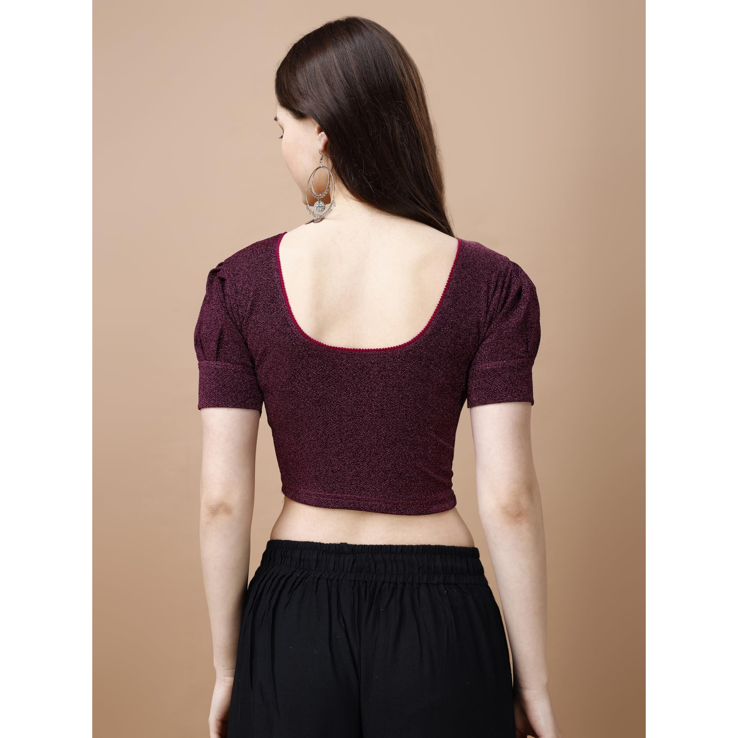 Pujia Mills Women's Readymade Shining Lycra Stretchable Round Neck Half Puff Sleeve Blouses Lycra Stretchable Wine Color Blouse For Women Readymade Saree Blouse