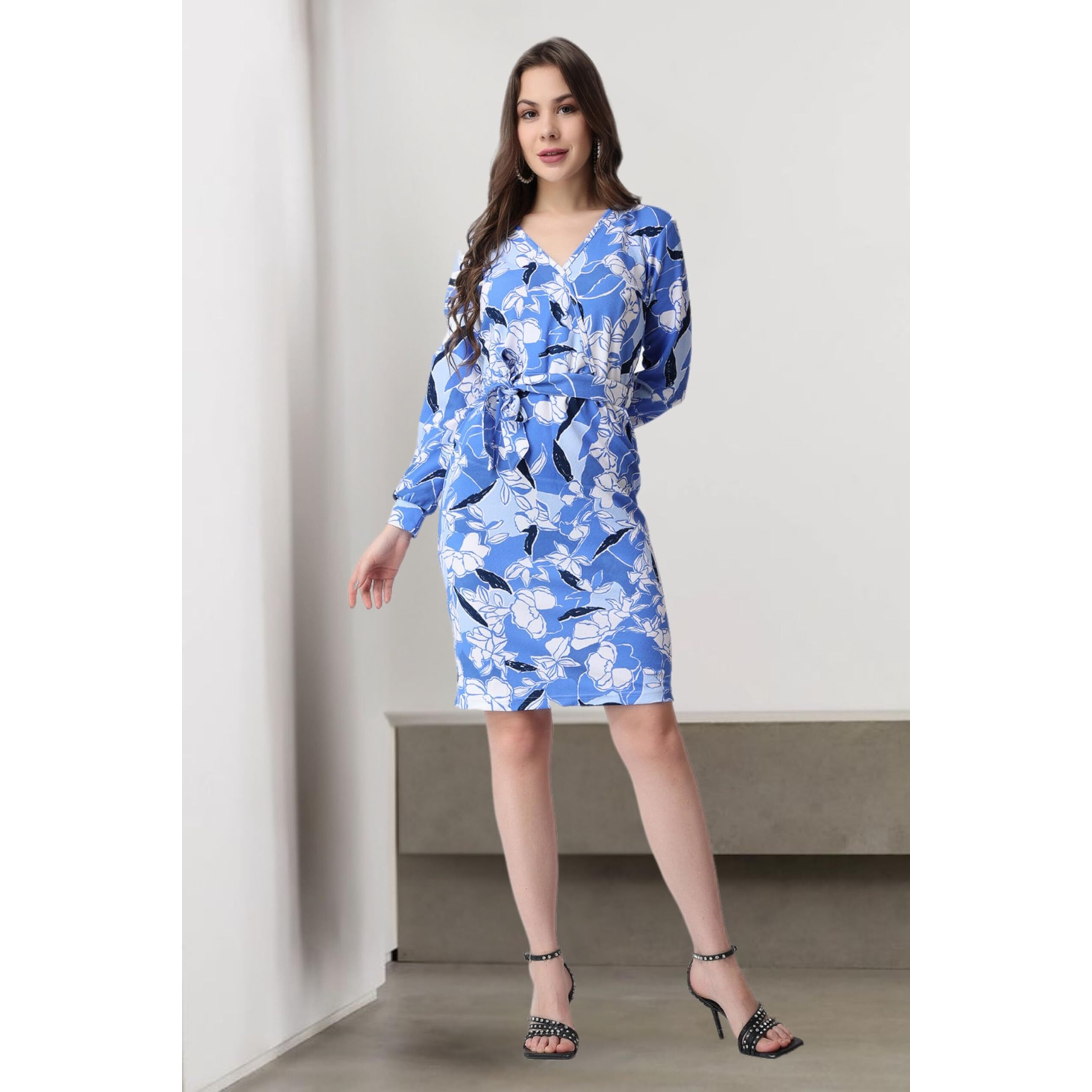 Popwings Casual Printed Mini Full Sleeve Bodycon Dress For Women | Western Bodycon Dresses For Women | Summer Stylish Western Bodycon Dresses For Women Blue