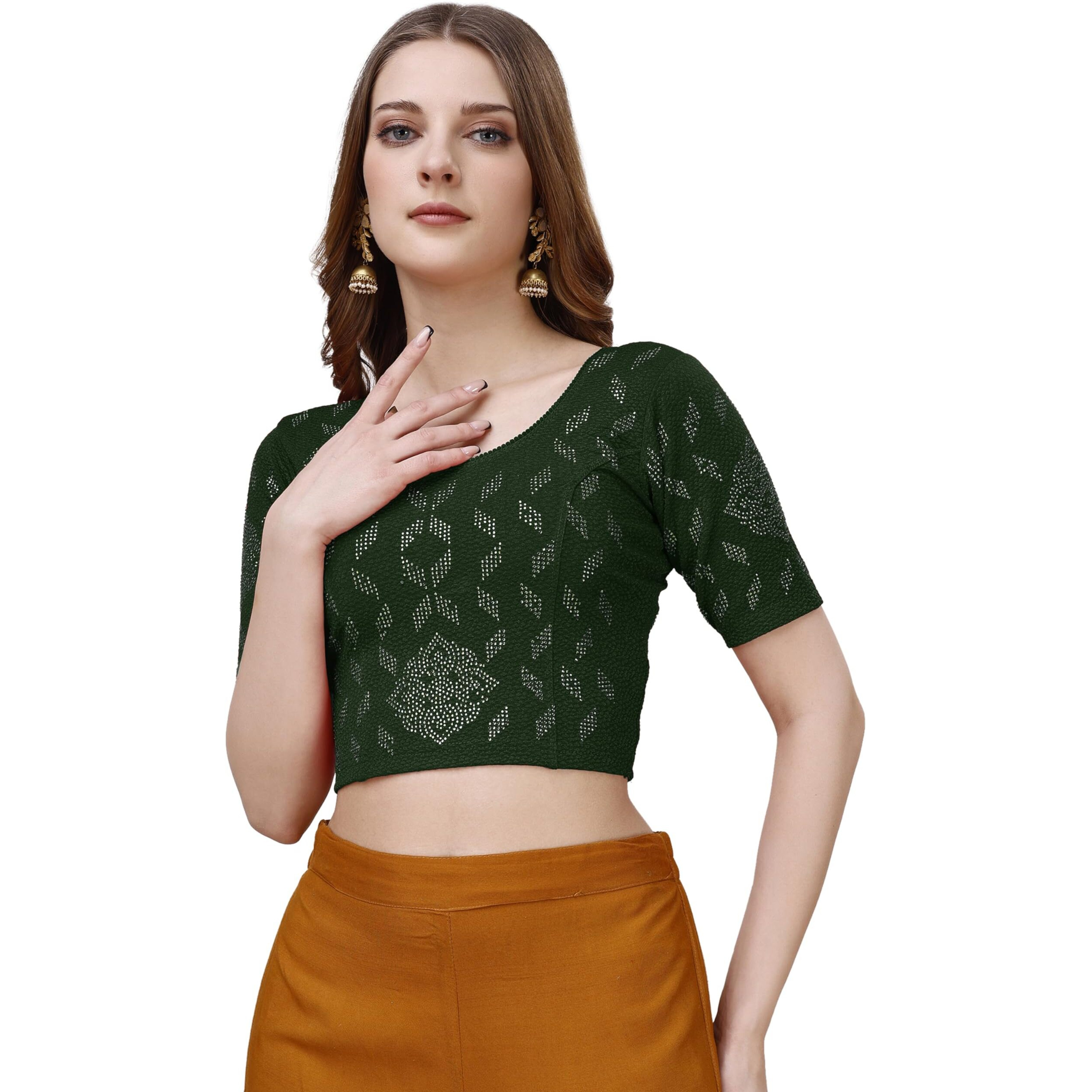 Pujia Mills Women's Embroidery Half Sleeve Stretch Blouse (Pm Lycra Bindi Bottle Green 2Xl