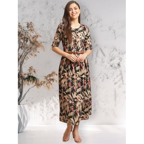 Preneum Women's Georgette Fit And Flare Standard Length Dress (Gown-116_Brown_L)