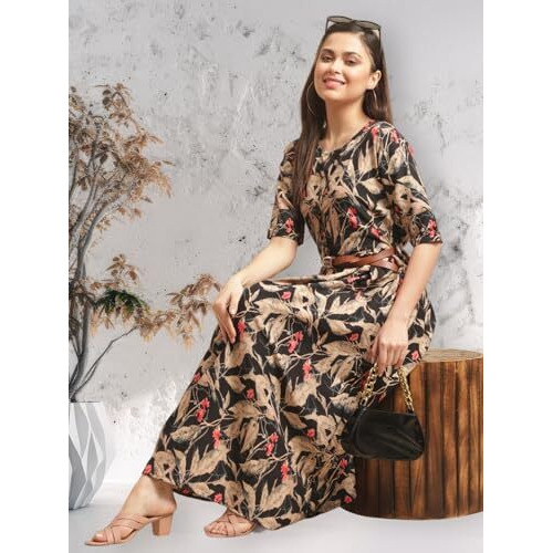 Preneum Women's Georgette Fit And Flare Standard Length Dress (Gown-116_Brown_L)
