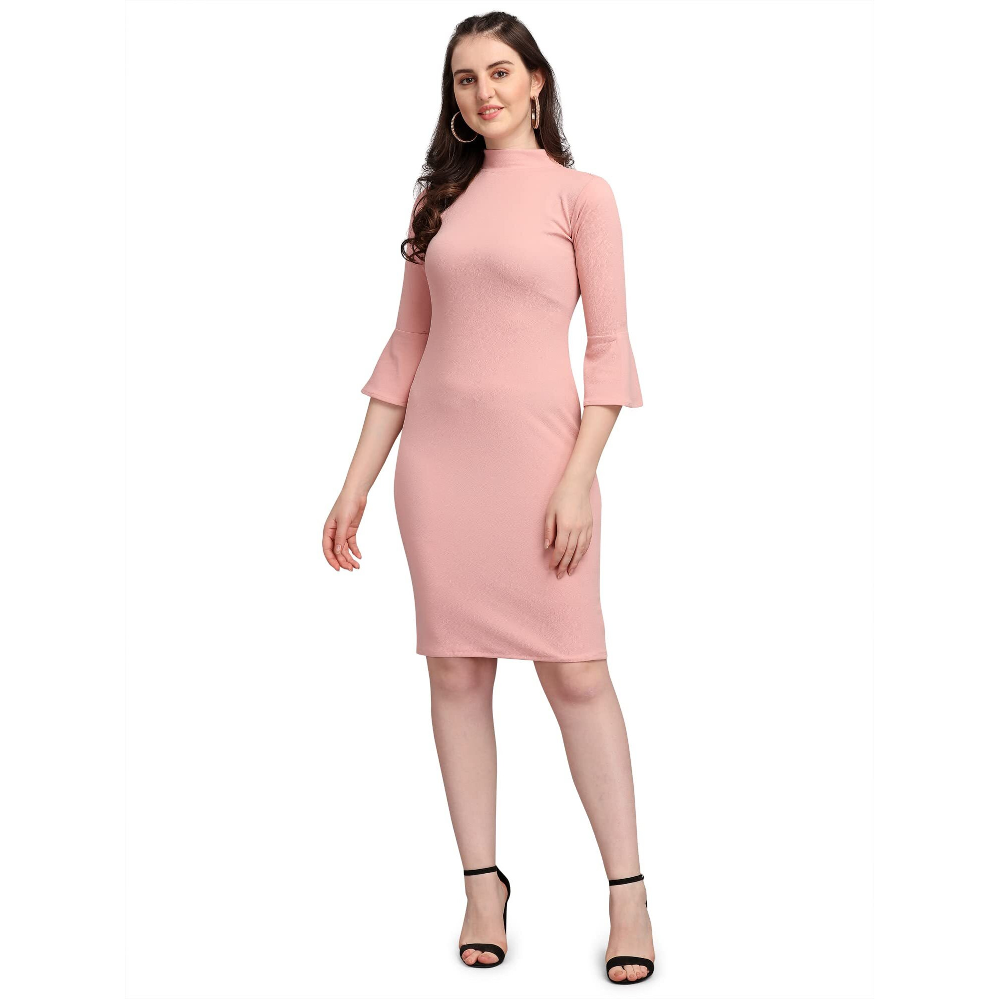 Purvaja Women's Corduroy Bodycon Knee Length Dress (Ruby-102-Pe-S_Peach