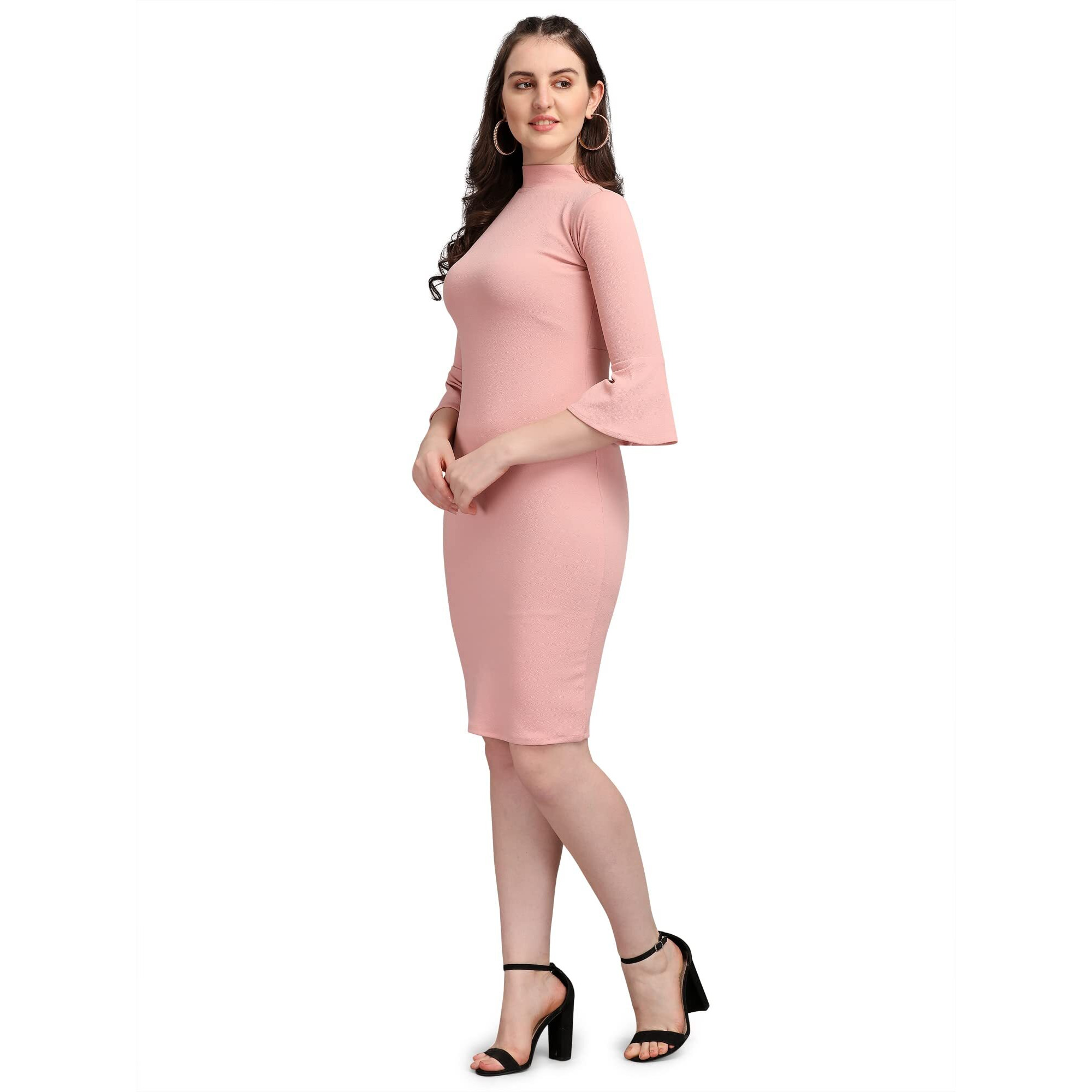 Purvaja Women's Corduroy Bodycon Knee Length Dress (Ruby-102-Pe-S_Peach