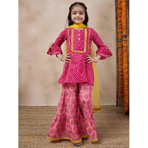 Pspeaches Girl's Cotton 1 Kurti, 1 Sharara, 1 Dupatta (Sha-Magentapeach-12-14Y_Magenta