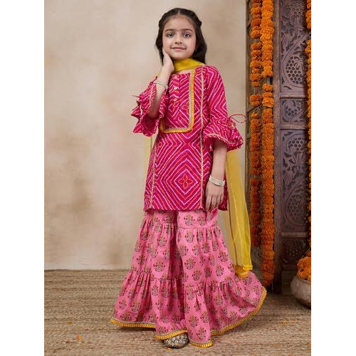 Pspeaches Girl's Cotton 1 Kurti, 1 Sharara, 1 Dupatta (Sha-Magentapeach-12-14Y_Magenta