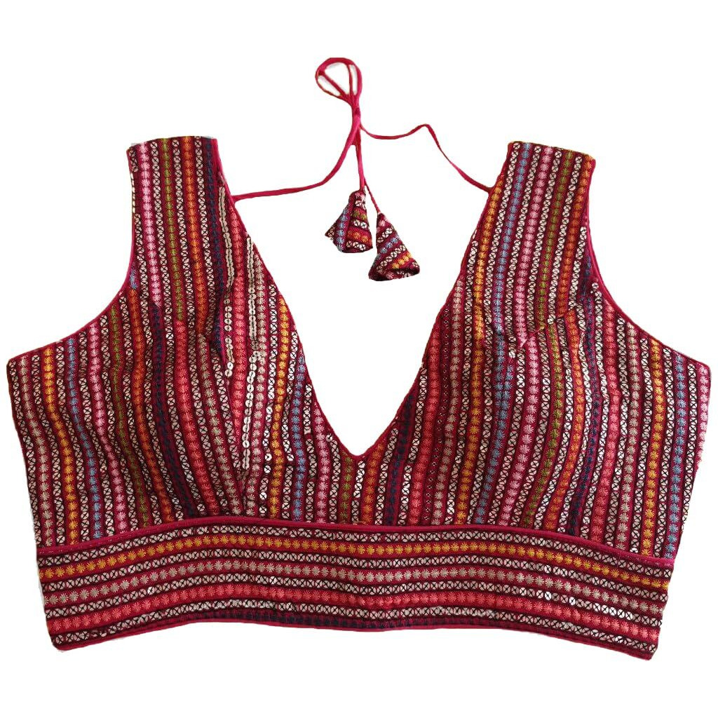 Pujia Mills Women's Sleeveless Sabyasachi Pattern V Neck Embroidery Work With Sequence Indian Ethnic Wear Readymade Saree Blouse For Lehenga Choli (Pink, 34)