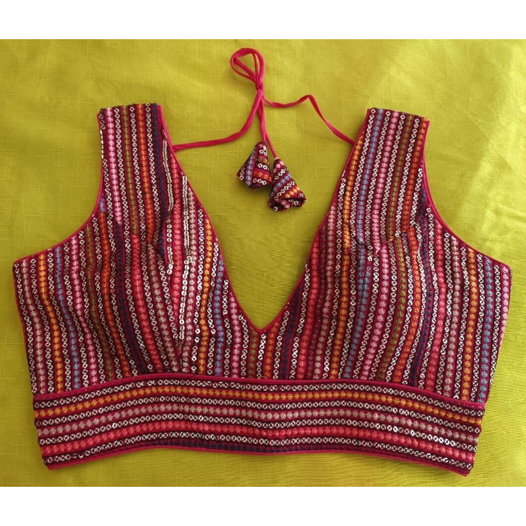 Pujia Mills Women's Sleeveless Sabyasachi Pattern V Neck Embroidery Work With Sequence Indian Ethnic Wear Readymade Saree Blouse For Lehenga Choli (Pink, 34)