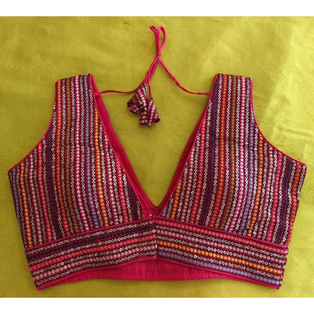 Pujia Mills Women's Sleeveless Sabyasachi Pattern V Neck Embroidery Work With Sequence Indian Ethnic Wear Readymade Saree Blouse For Lehenga Choli (Pink, 34)