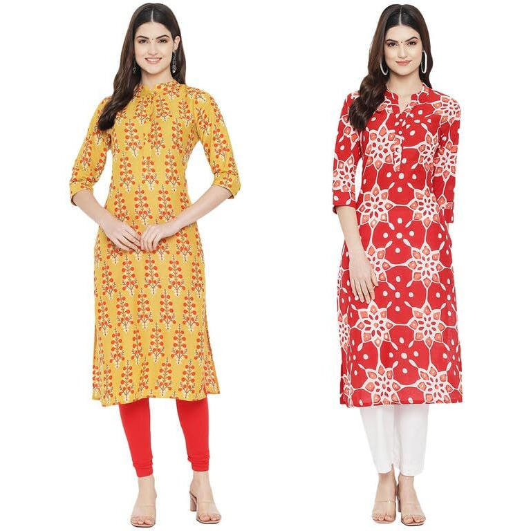 Pinkmint Women's Cotton Regular Kurti (Arangya2_Yellow-Red