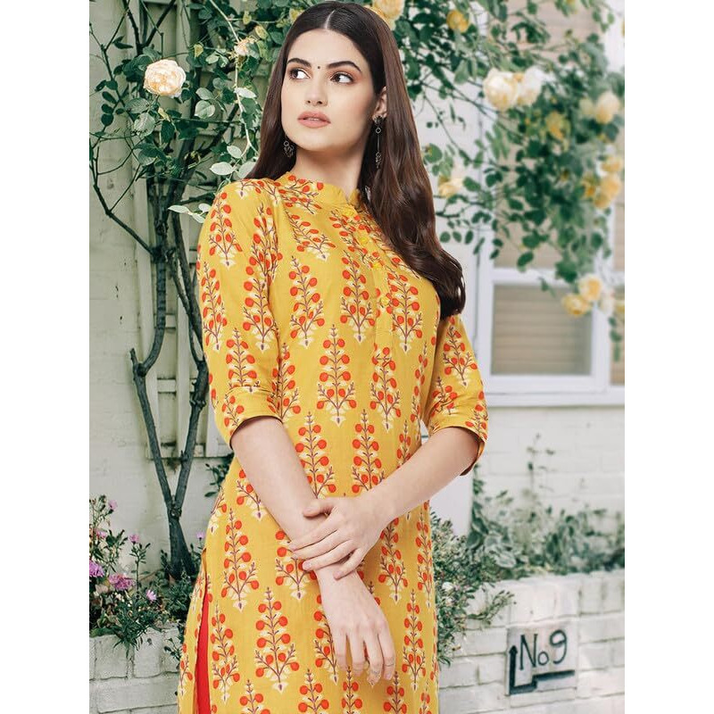 Pinkmint Women's Cotton Regular Kurti (Arangya2_Yellow-Red