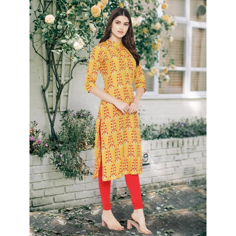 Pinkmint Women's Cotton Regular Kurti (Arangya2_Yellow-Red