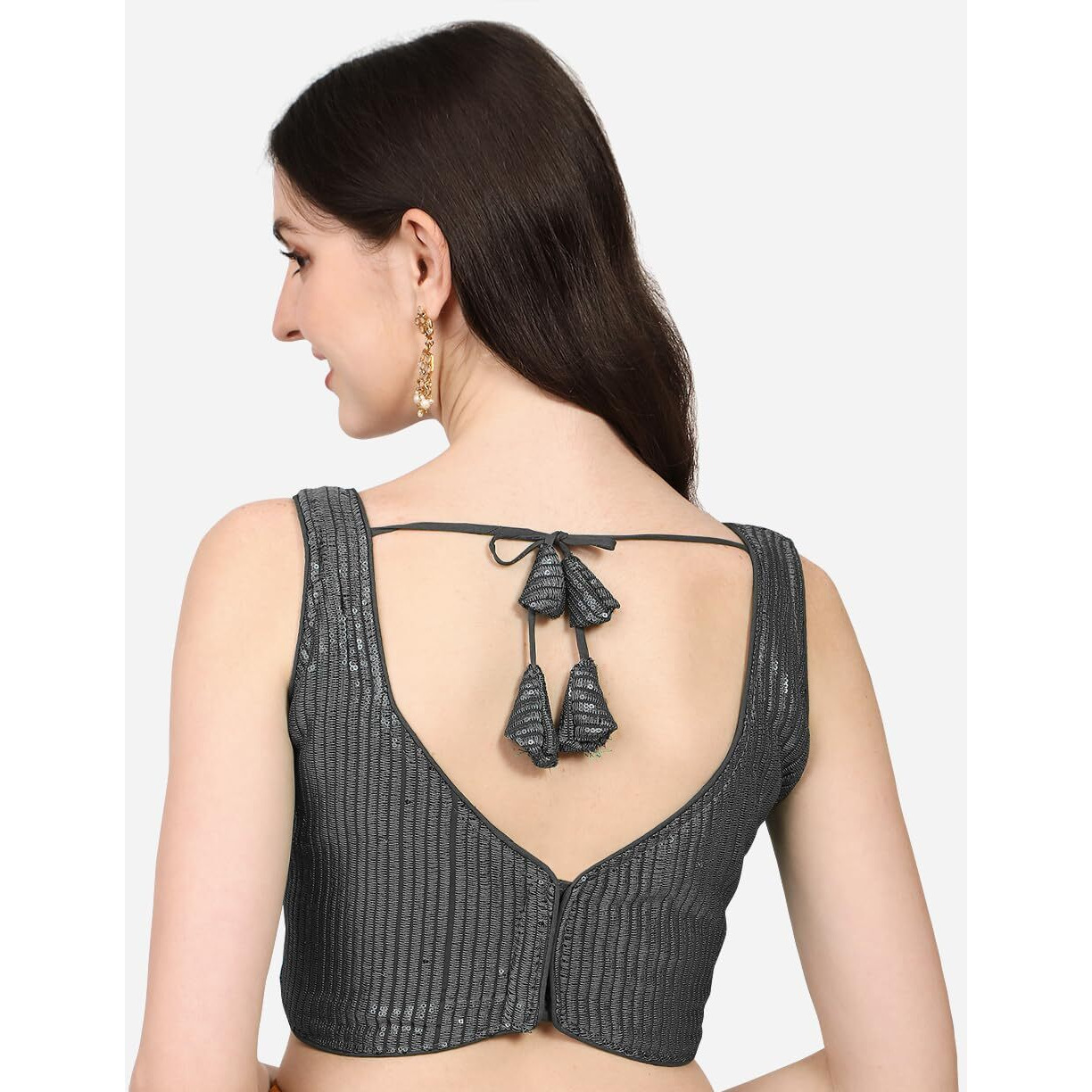 Pujia Mills Women's Multicolor Sweetheart Neck Georgette Line Soft Embroidery Sequence Zari Work Sleeves Readymade Saree Blouse (36, Grey)