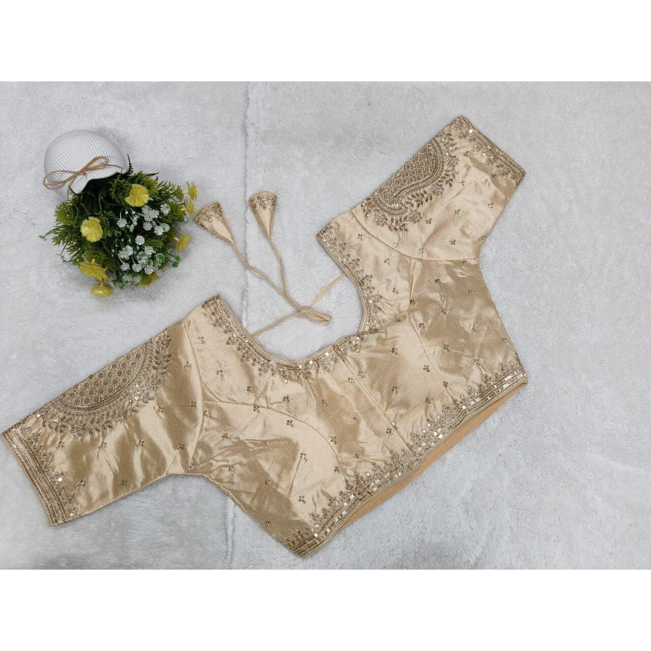 Pujia Mills Womens Readymade Blouse Embroidery Golden Zari Coding Sequence Thread Work Indian Ethnic Designer Stitched Half Sleeve Readymade Off White Blouse Collection For Women Saree Lehenga Choli