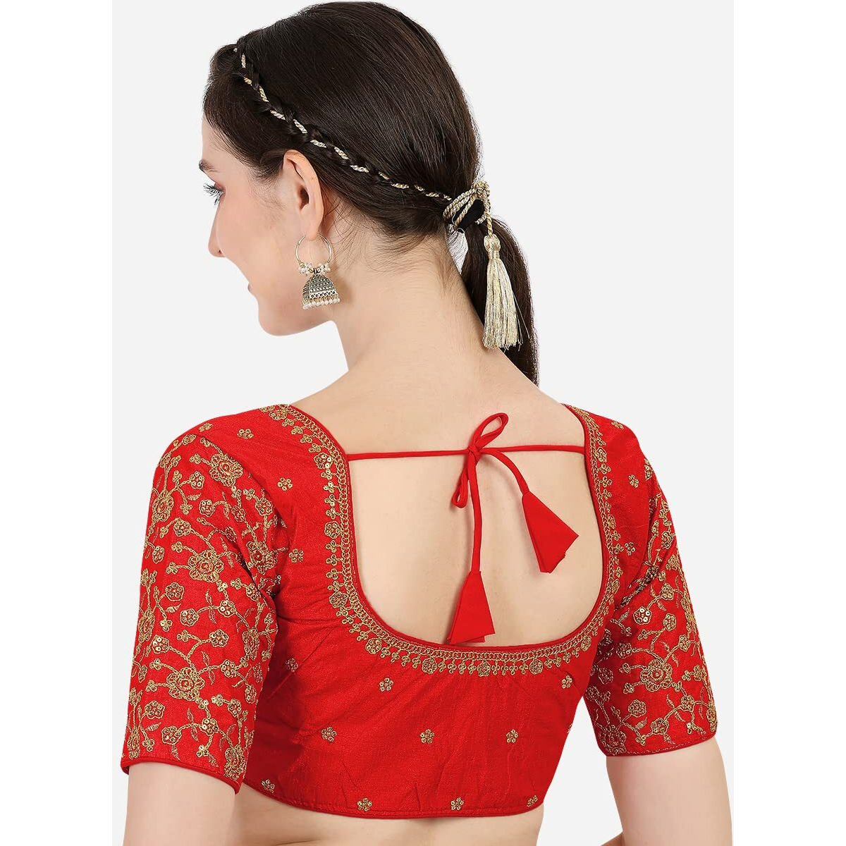 Pujia Mills Women's Phantom Silk Flowerhalf Sleeve Saree Blouse (Flowerr Blouse_Red_38 Size+Margin)