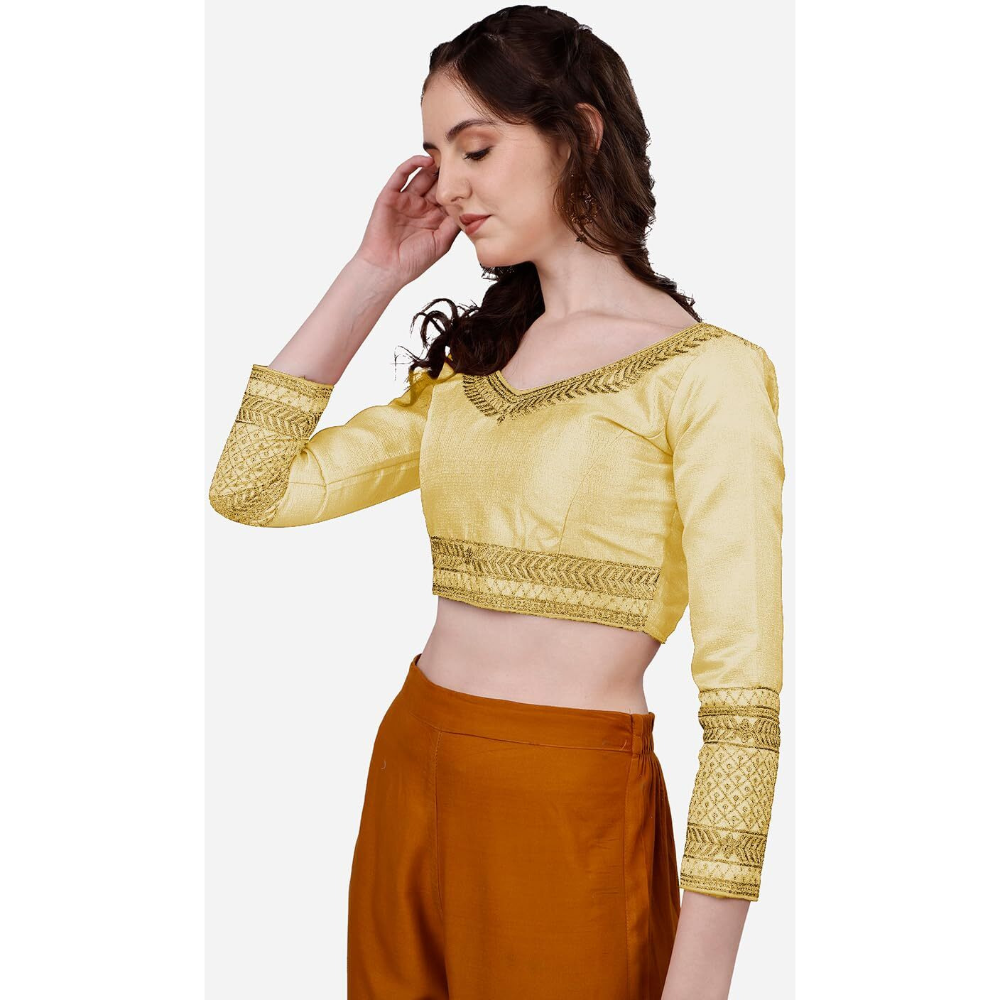 Pujia Mills Women's Milan Silk Heavy Embroidery With Sequins Worked Full Sleeve Fancy Saree Blouse Gold(Charlie Gold)