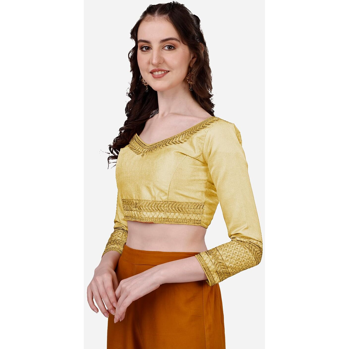 Pujia Mills Women's Milan Silk Heavy Embroidery With Sequins Worked Full Sleeve Fancy Saree Blouse Gold(Charlie Gold)