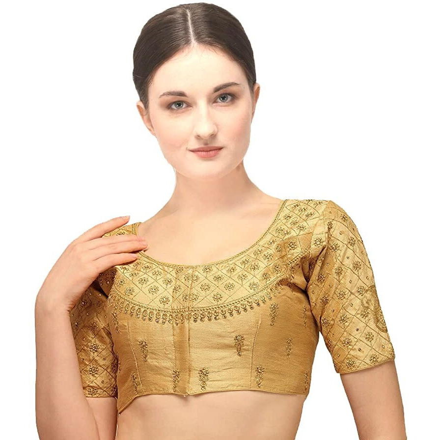 Pujia Mills Women's Silk Solid Half Sleeve Blouse (Kerii Gold 38_Gold_38)
