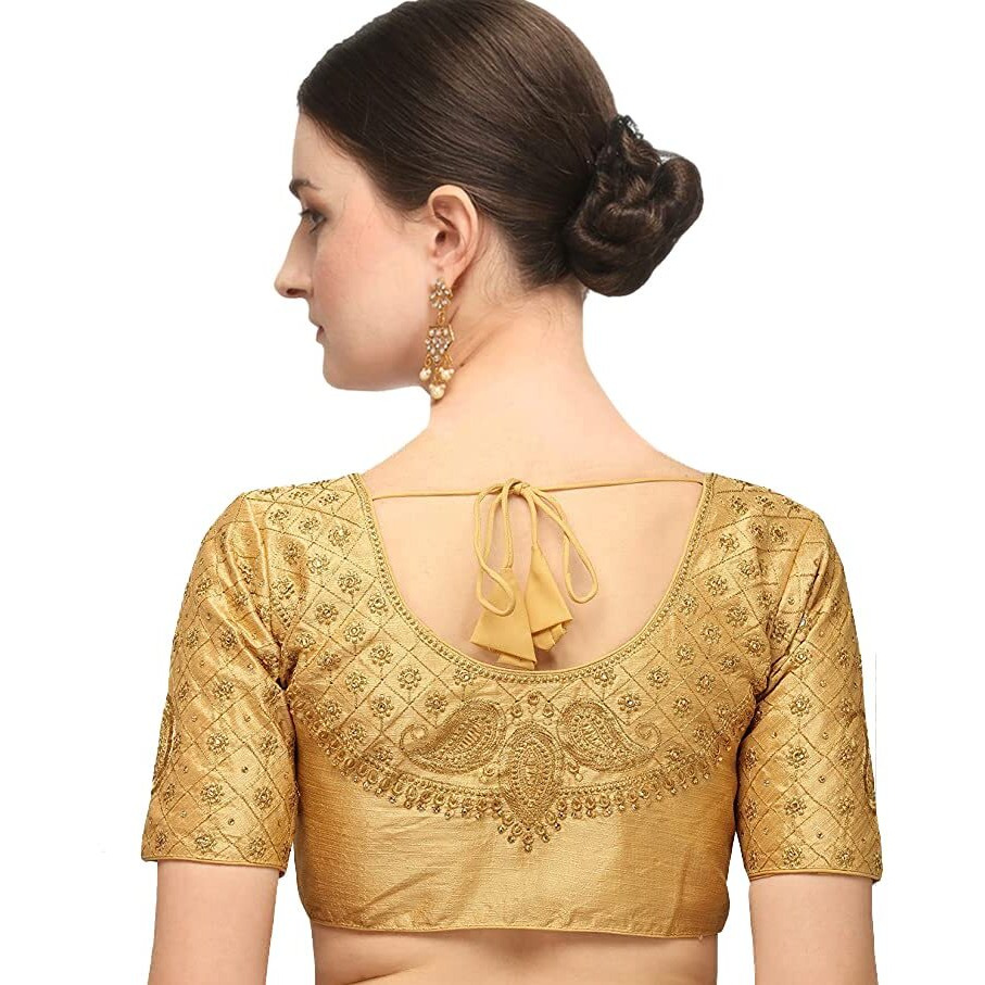 Pujia Mills Women's Silk Solid Half Sleeve Blouse (Kerii Gold 38_Gold_38)