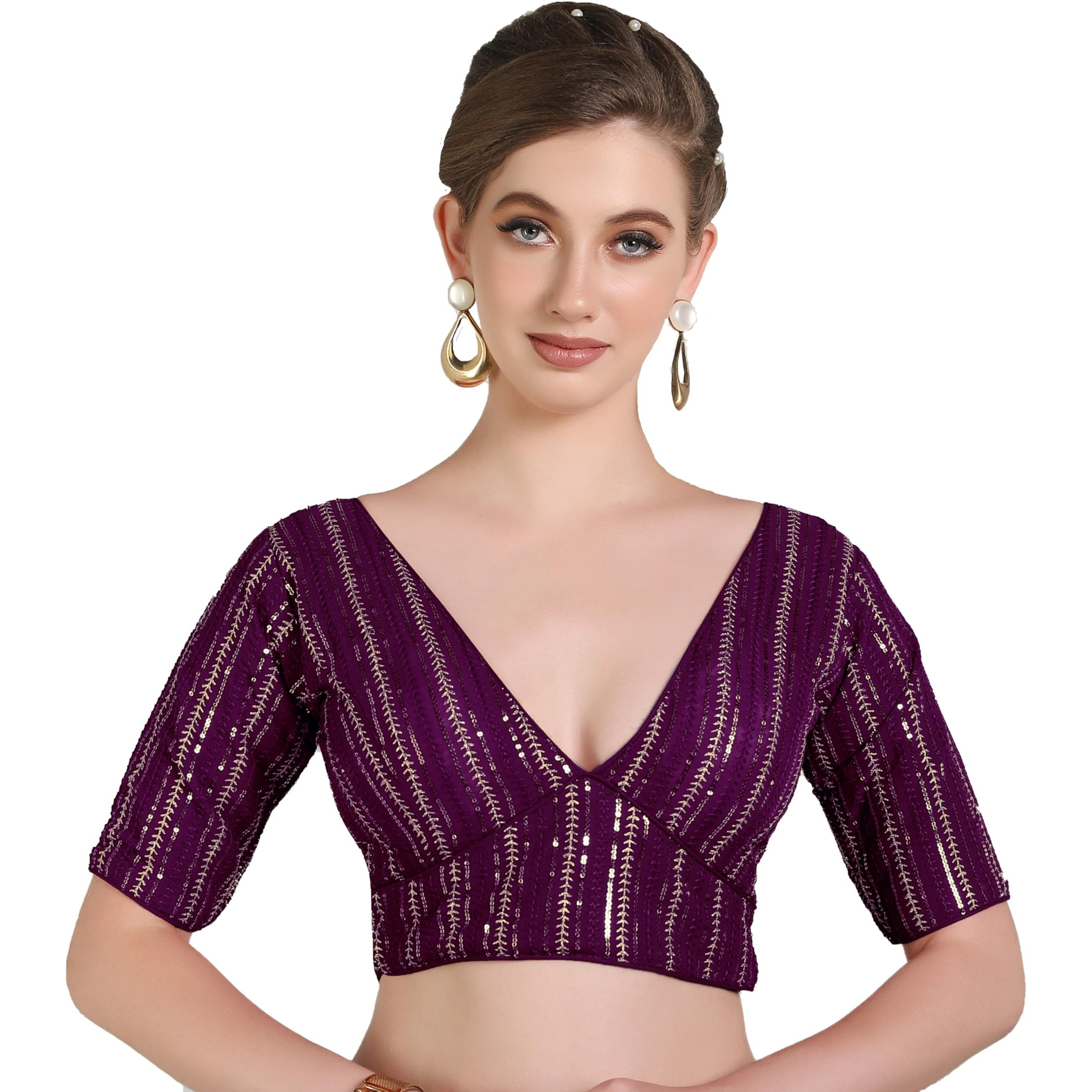 Pujia Mills Women's Georgett Half Sleeve Deep V Neck Embroidered With Sequins Blouse (Zhankhi Wine 38)