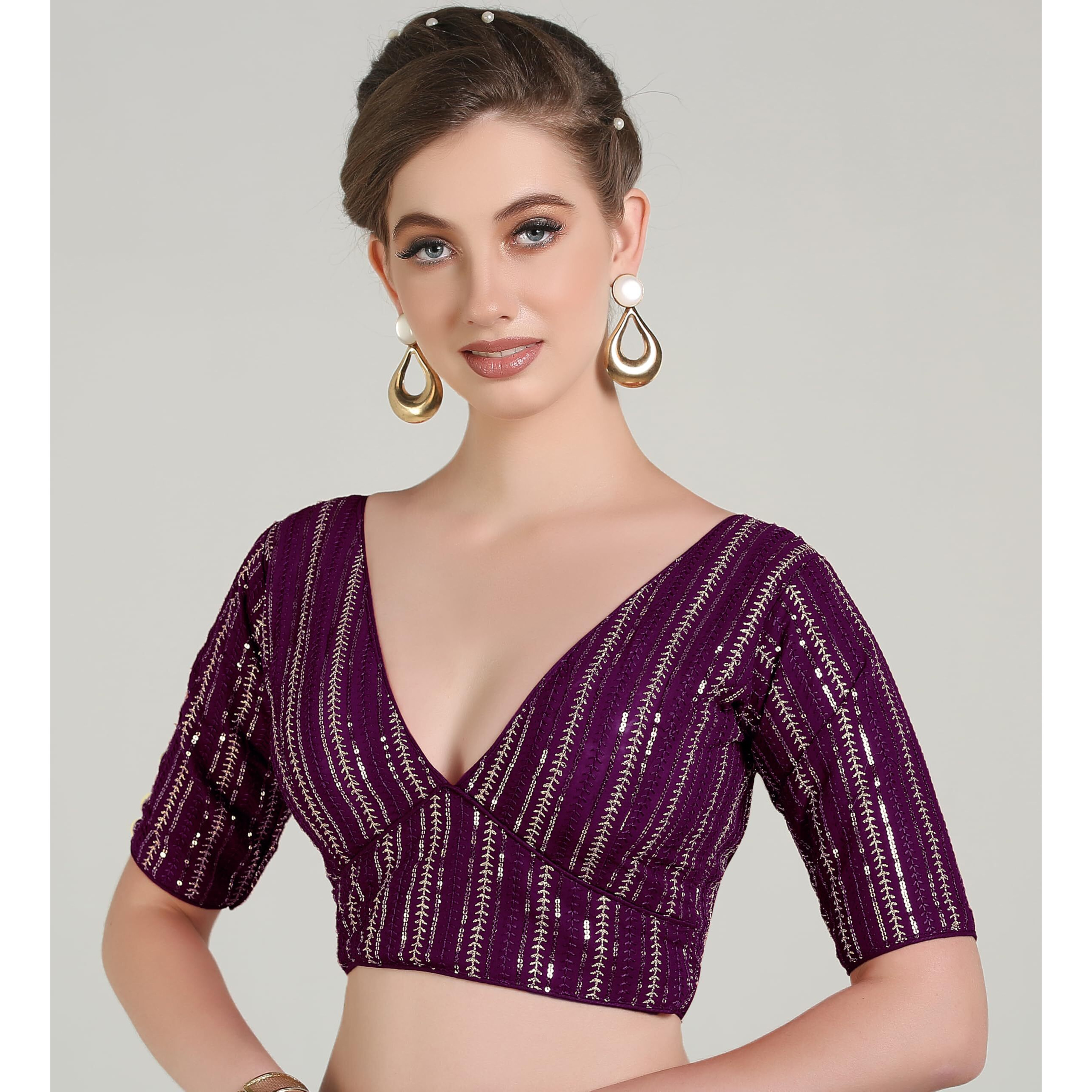 Pujia Mills Women's Georgett Half Sleeve Deep V Neck Embroidered With Sequins Blouse (Zhankhi Wine 38)