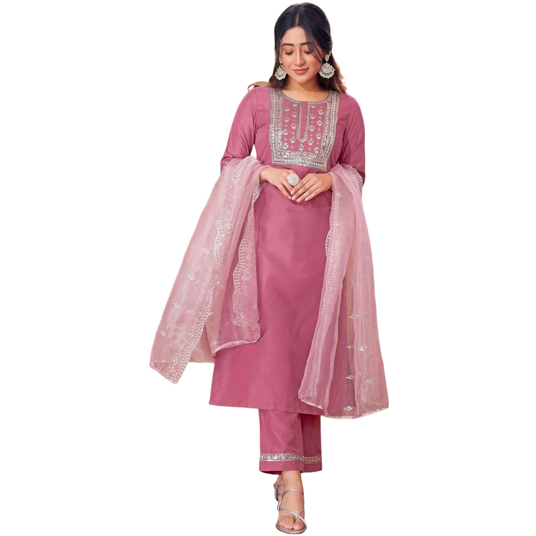Sanisa Women's Cotton Blend Embroidery Straight Kurta With Pant And Embroidery Lace Work Dupatta (109Kbd1192Nz-S_Dusty Pink)