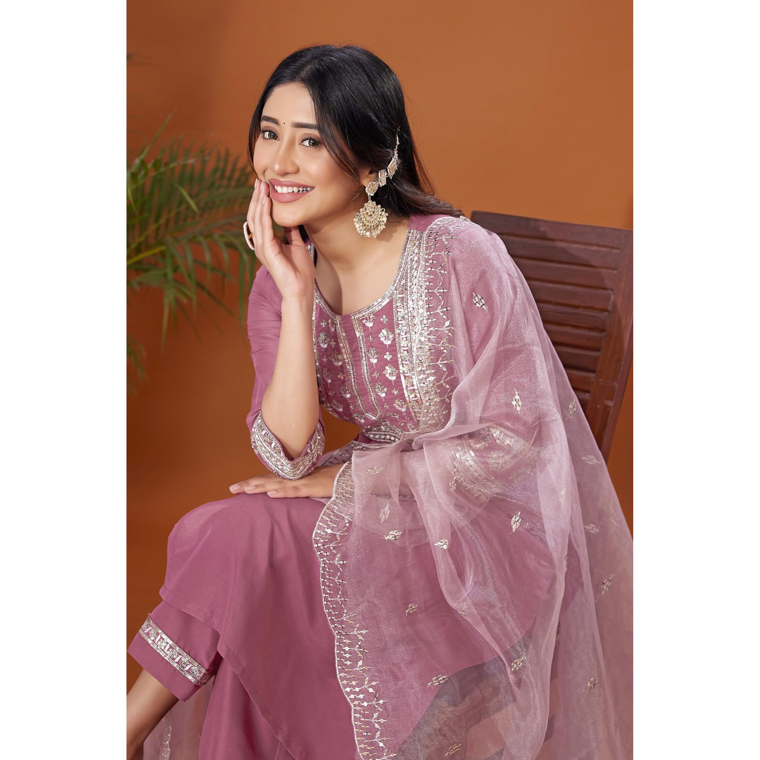 Sanisa Women's Cotton Blend Embroidery Straight Kurta With Pant And Embroidery Lace Work Dupatta (109Kbd1192Nz-S_Dusty Pink)