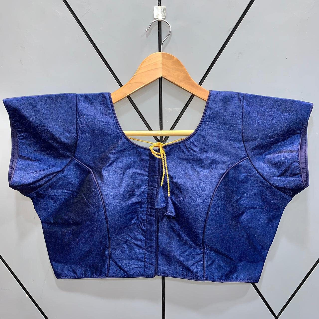 Pujia Mills Women's Silk Solid Short Sleeve Regular Saree Kajal 3 Blouse Navy Blue 38