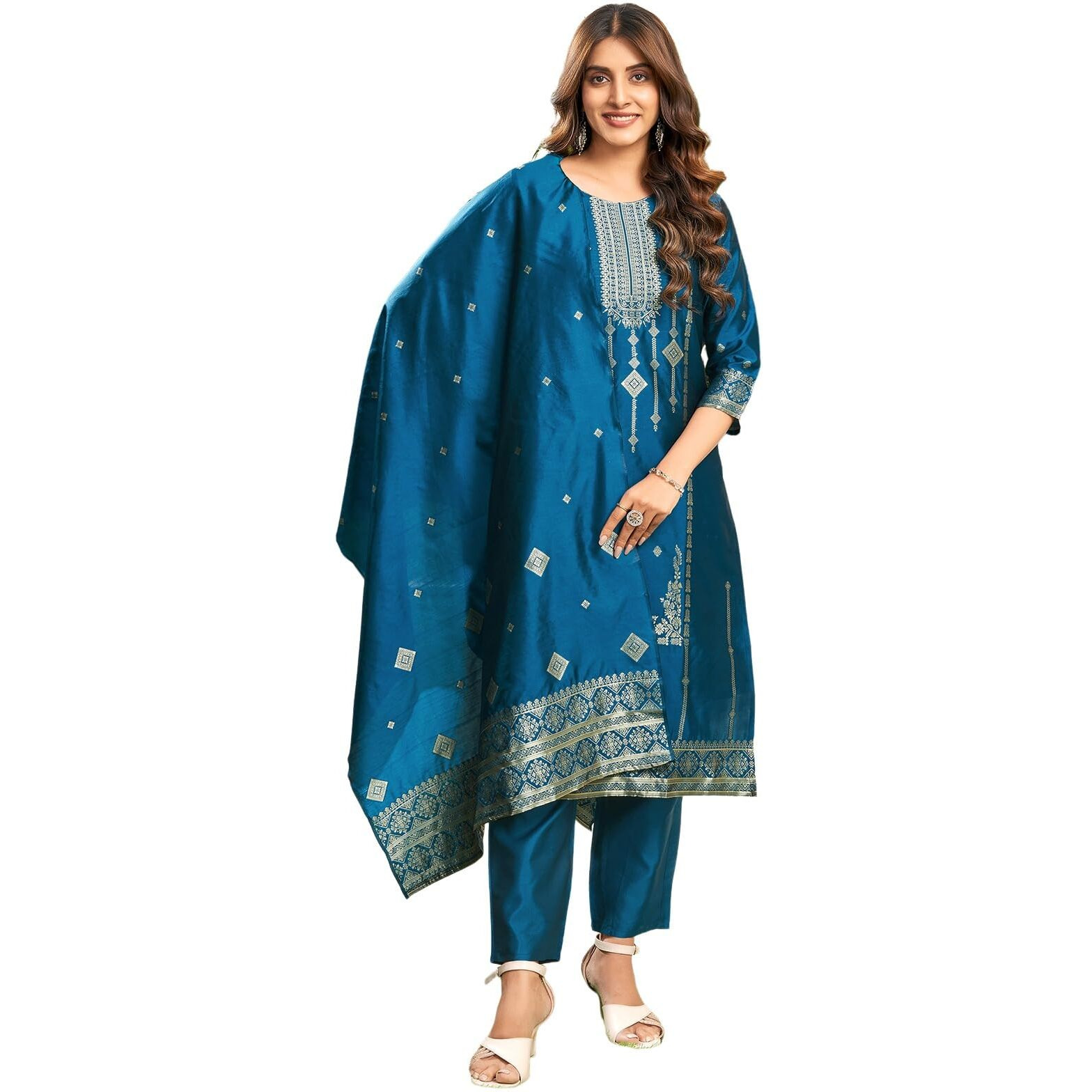 Sanisa Women's Silk Blend Jacquard Work Straight Kurta With Pant And Dupatta Set (222Kbd2356N-Xxl_Teal Blue & Golden)