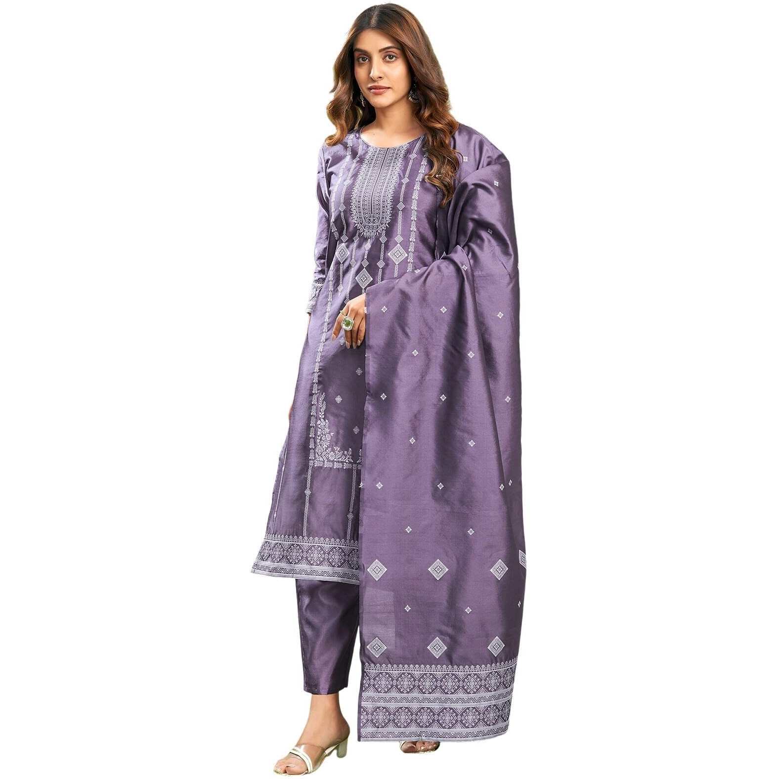Sanisa Women's Silk Blend Jacquard Work Straight Kurta With Pant And Dupatta Set (222Kbd2355N-S_Dusty Purple & White)