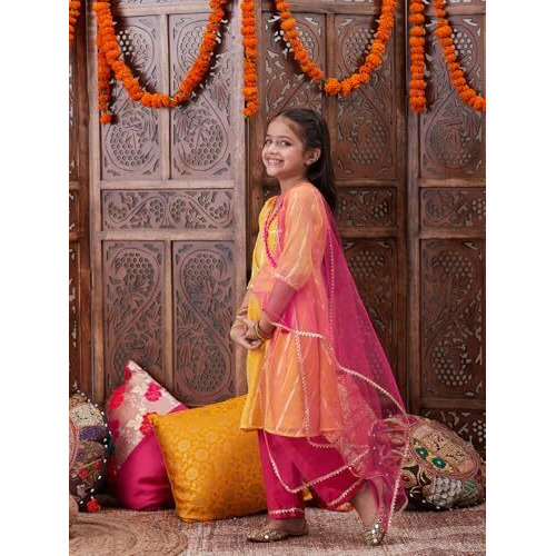 Pspeaches Girl's Art Silk Kurta Set (Ks-Lurexyellow-4-5Y_Yellow