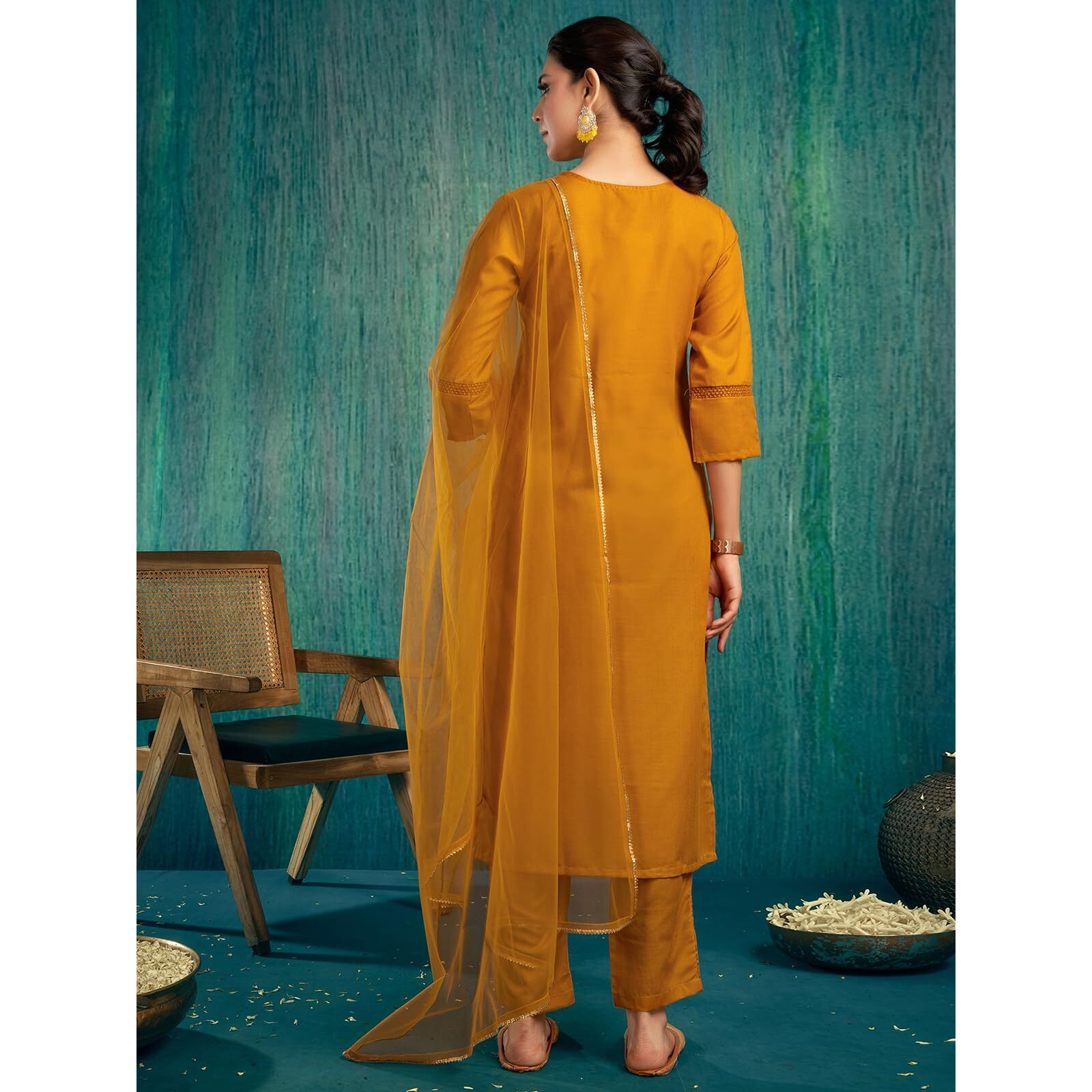 Sanisa Women's Cotton Blend Sequence Embroidery Work Straight Kurta With Pant And Dupatta Set (80Kbd902Nr-L_Turmeric Yellow)