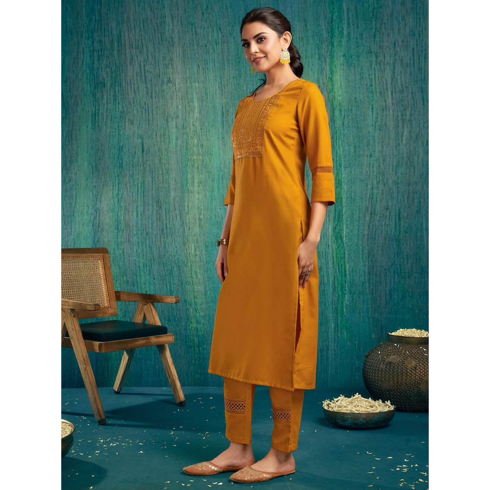 Sanisa Women's Cotton Blend Sequence Embroidery Work Straight Kurta With Pant And Dupatta Set (80Kbd902Nr-L_Turmeric Yellow)