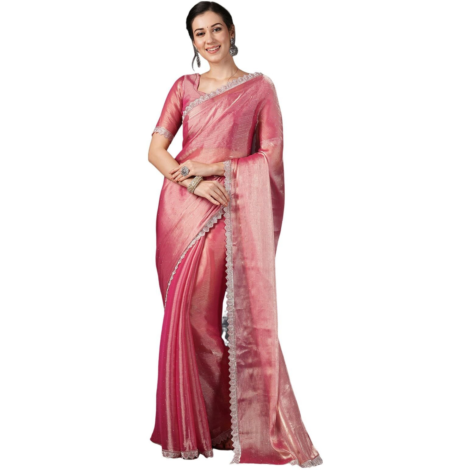 Satrani Women's Shimmer Chiffon Dual Tone Stone Work Jimmy Choo Saree With Unstitched Blouse Piece (3799S291N_Punch Pink)