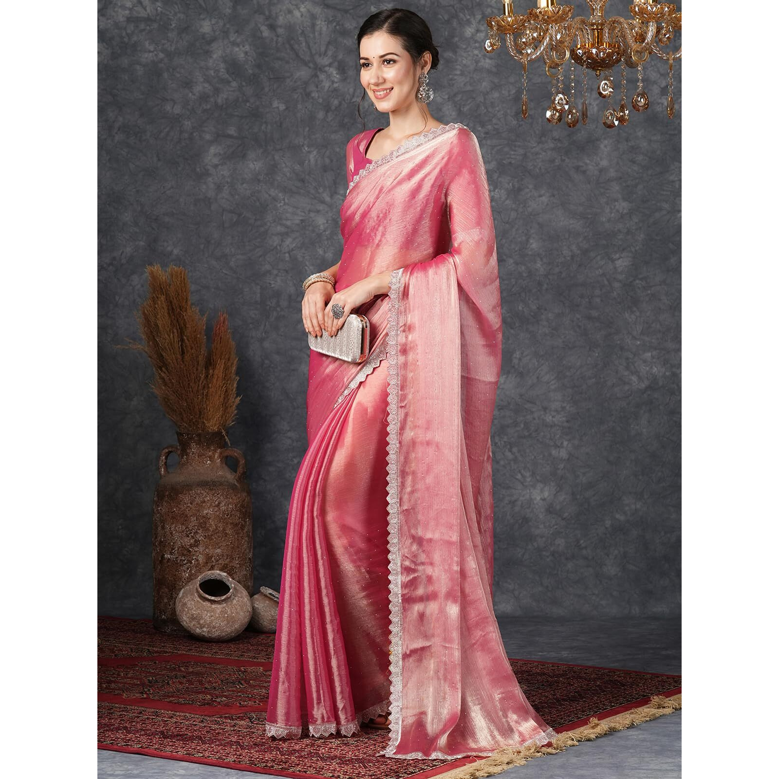 Satrani Women's Shimmer Chiffon Dual Tone Stone Work Jimmy Choo Saree With Unstitched Blouse Piece (3799S291N_Punch Pink)