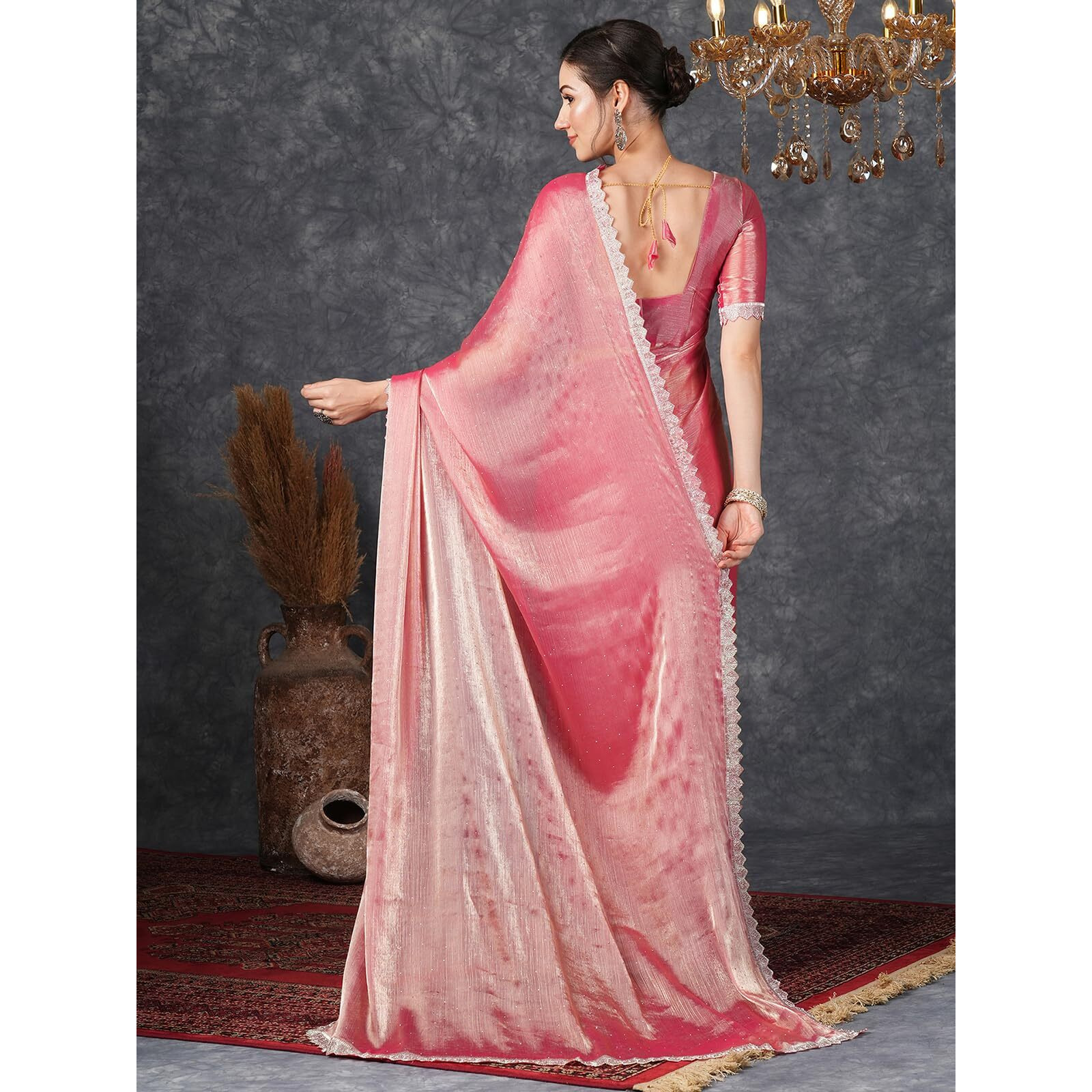 Satrani Women's Shimmer Chiffon Dual Tone Stone Work Jimmy Choo Saree With Unstitched Blouse Piece (3799S291N_Punch Pink)