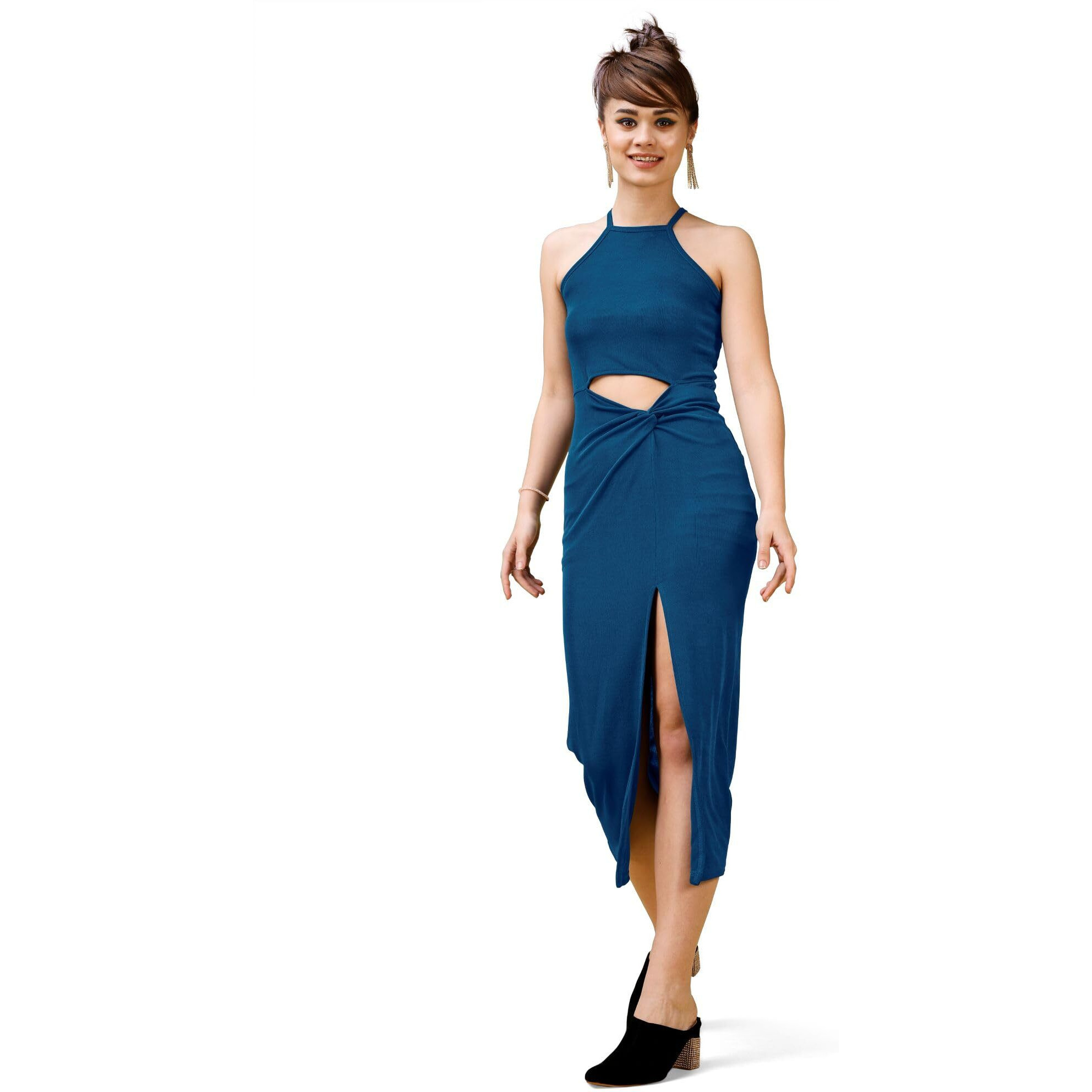 Purvaja Womens Bodycon Below Knee Length Dress (Shine-012-Berry_Blue_X-Large)