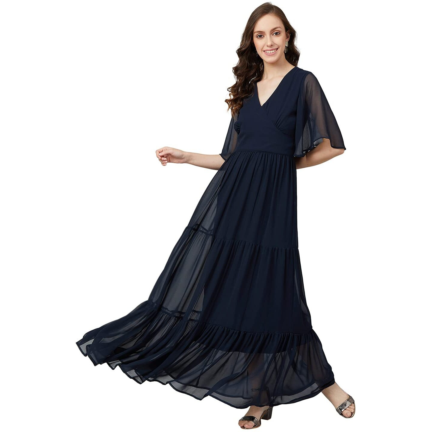 Rare Women's Georgette Fit And Flare Maxi Casual Dress (Ep6216_Navy Blue_Large)