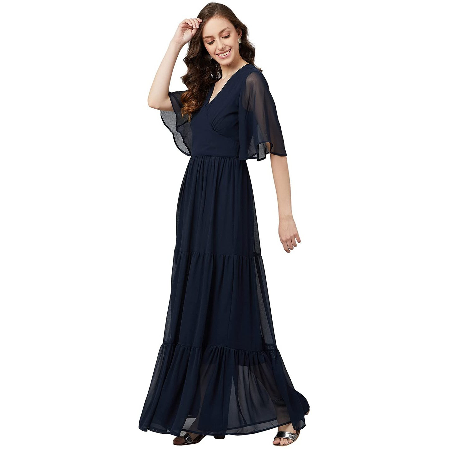 Rare Women's Georgette Fit And Flare Maxi Casual Dress (Ep6216_Navy Blue_Large)
