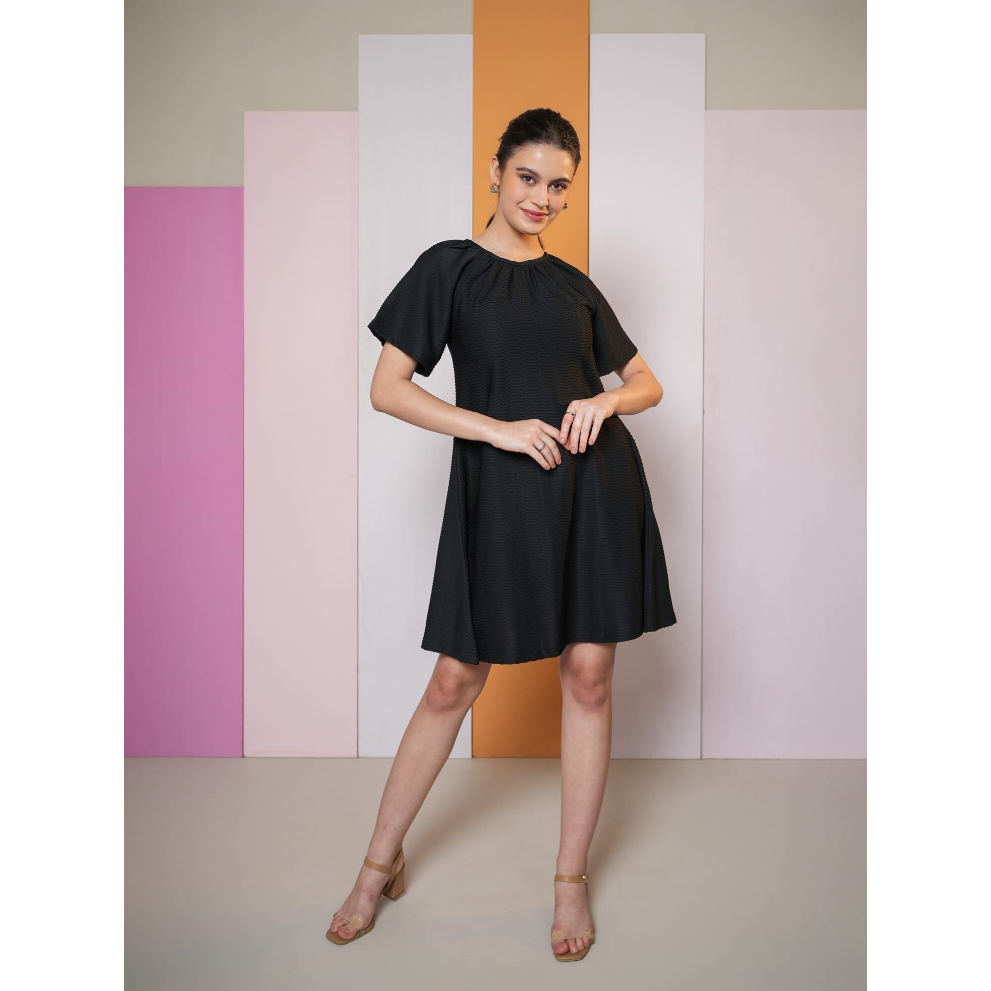 Purvaja Womens A-Line Mini Length Dress (Yuvi-024-Black_Black_Large)