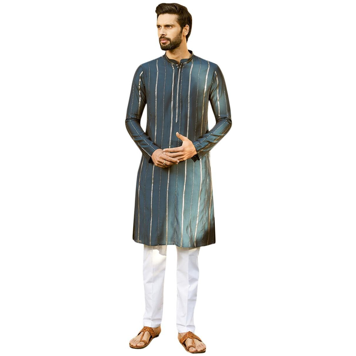 See Designs Men Full Sleeve Teal And Gold Chanderi Silk Sequins Mandarin Collar Side Slit Kurta With Pyjama - Sd2Kt_242801L