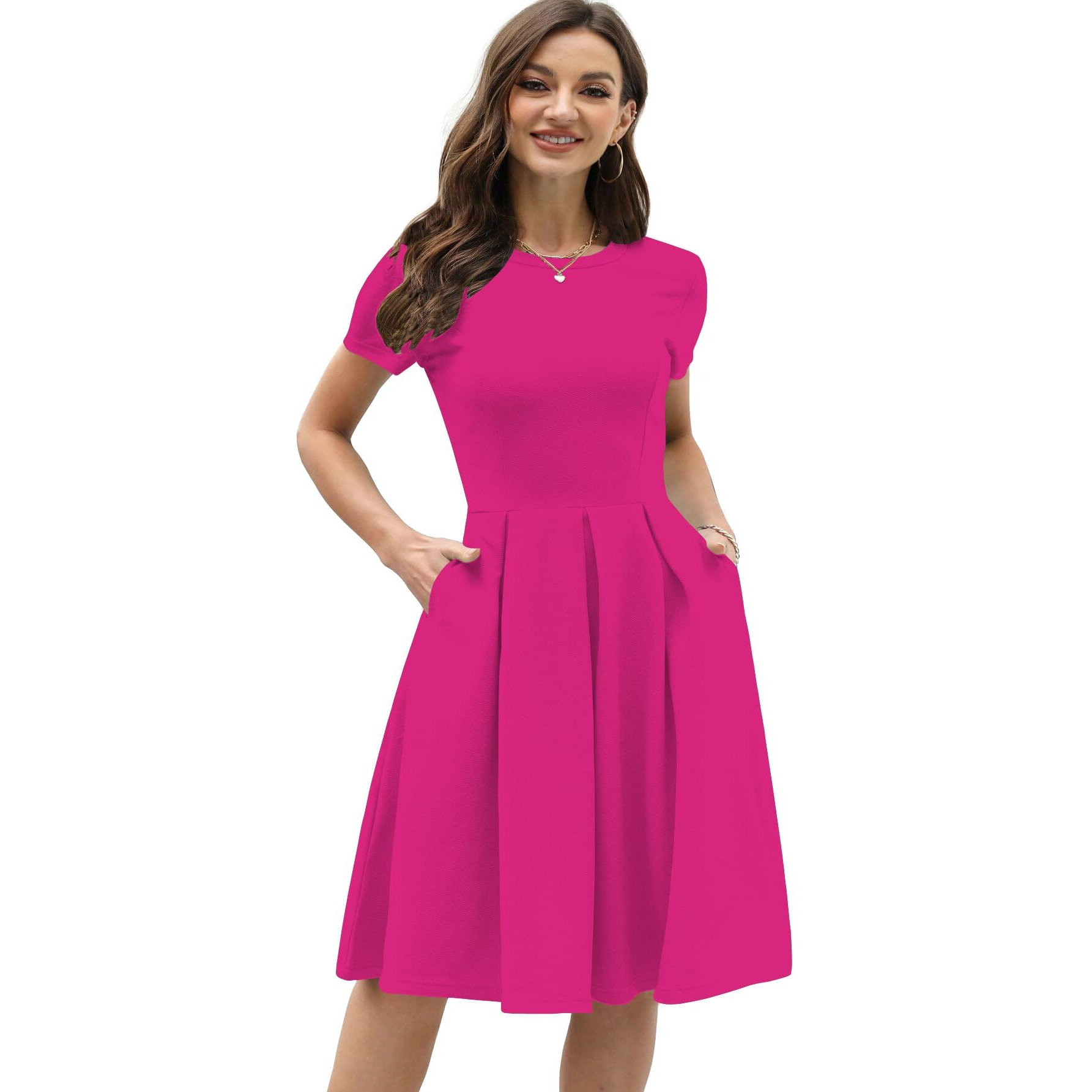 Shasmi Girl's & Women's Solid Hot Pink Color Solid Slant Pocket Fold Pleated, Women Cocktail Party Vintage Style With Pockets Big Swing Simple Retro Dress (Dress 166 Rani-M)