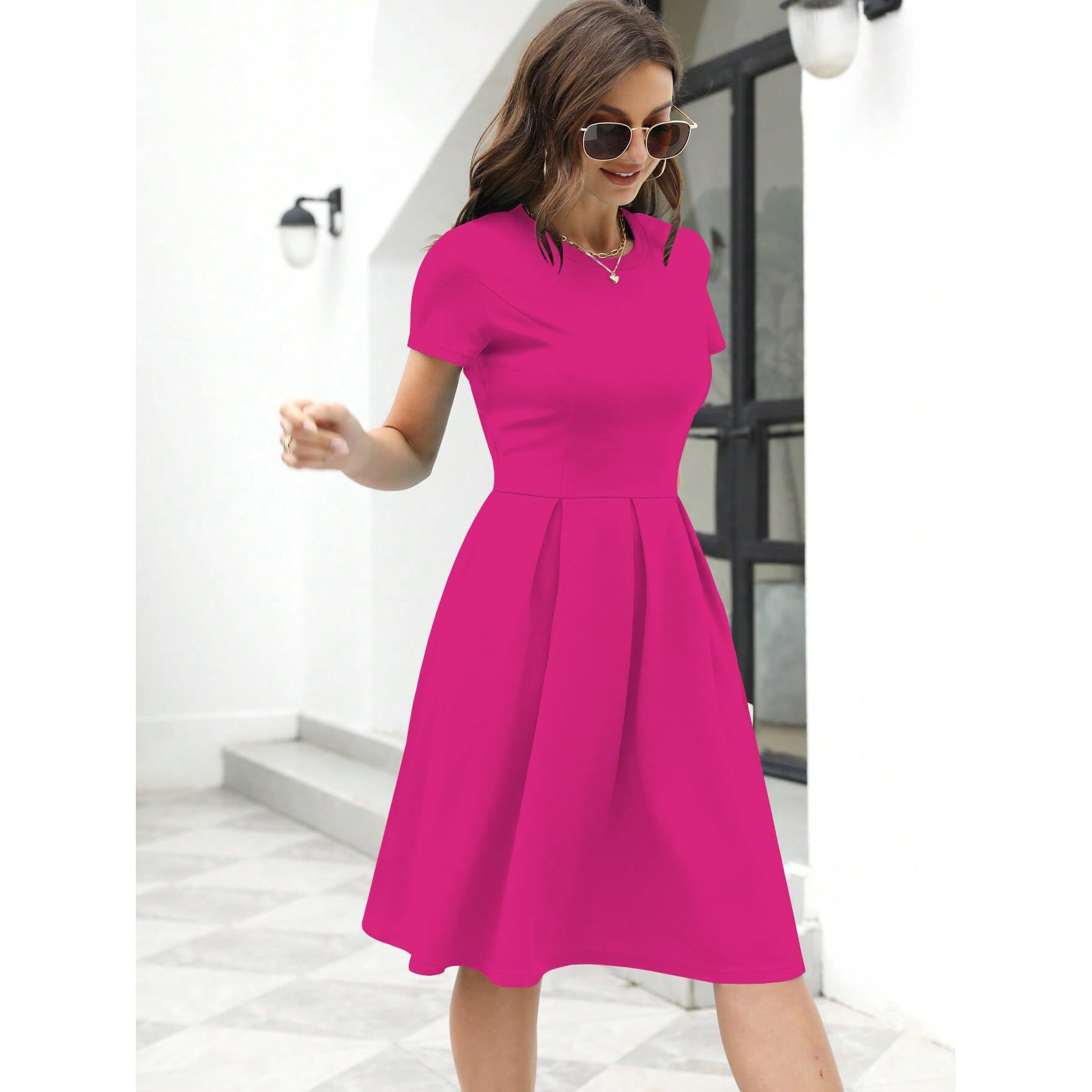 Shasmi Girl's & Women's Solid Hot Pink Color Solid Slant Pocket Fold Pleated, Women Cocktail Party Vintage Style With Pockets Big Swing Simple Retro Dress (Dress 166 Rani-M)