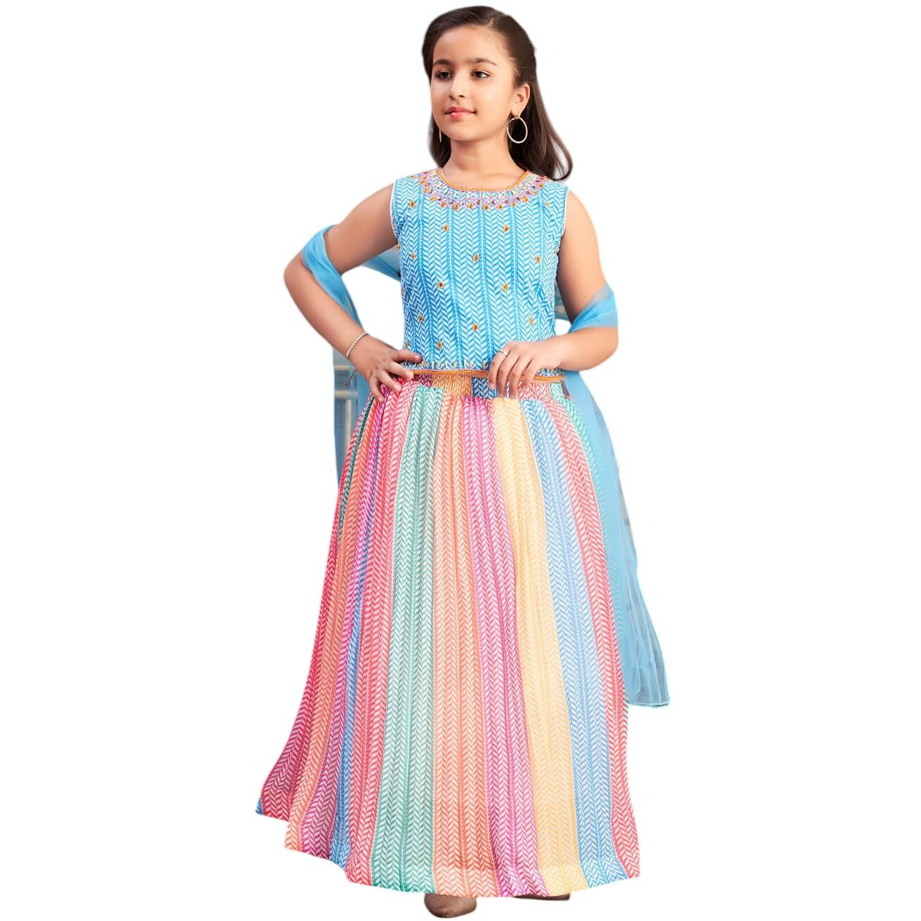 Aarika Girls Ethnic Wear Turquoise-Multi Colour Beads Embroidery/Print Georgette Lehenga Choli Set With Dupatta (5-16 Years)
