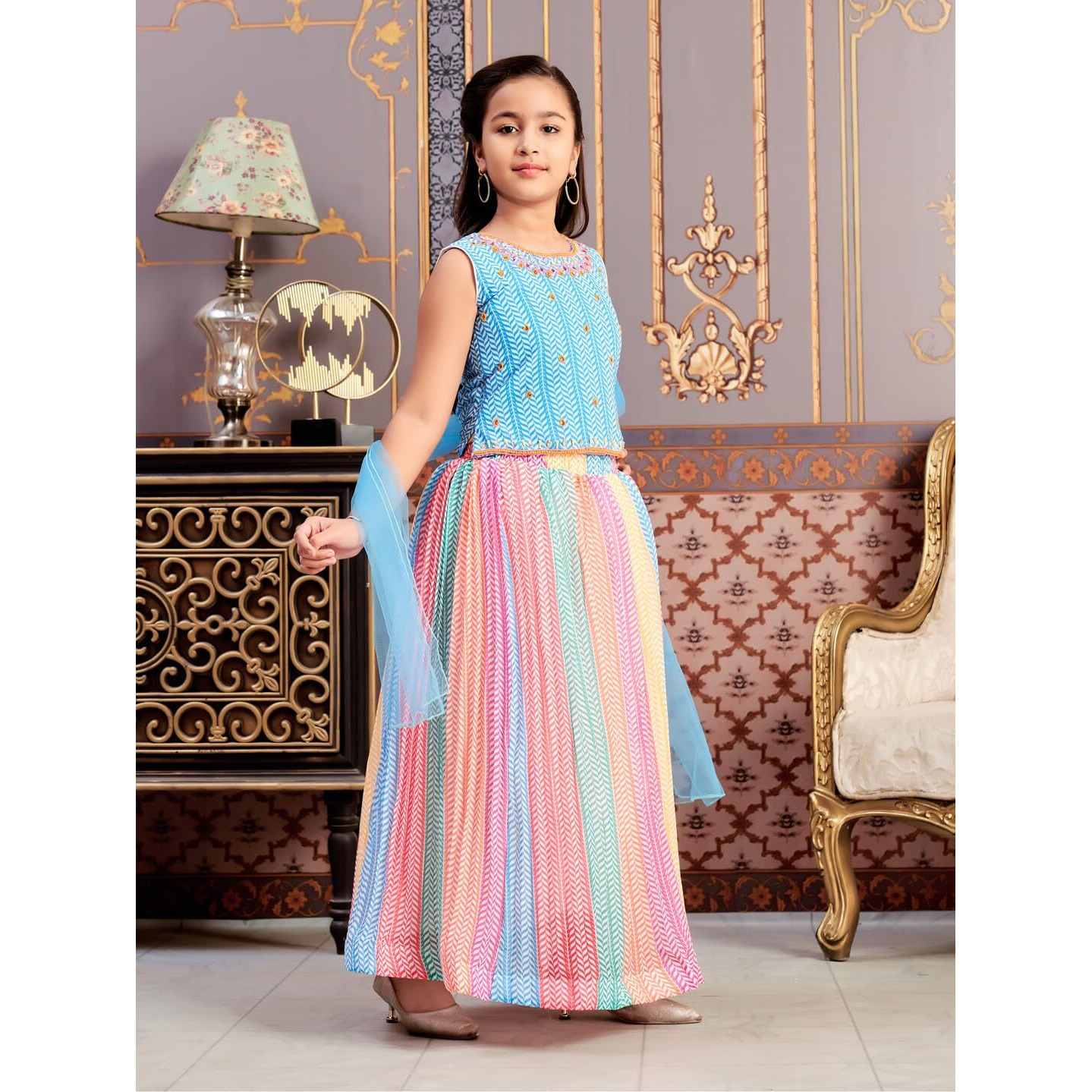 Aarika Girls Ethnic Wear Turquoise-Multi Colour Beads Embroidery/Print Georgette Lehenga Choli Set With Dupatta (5-16 Years)